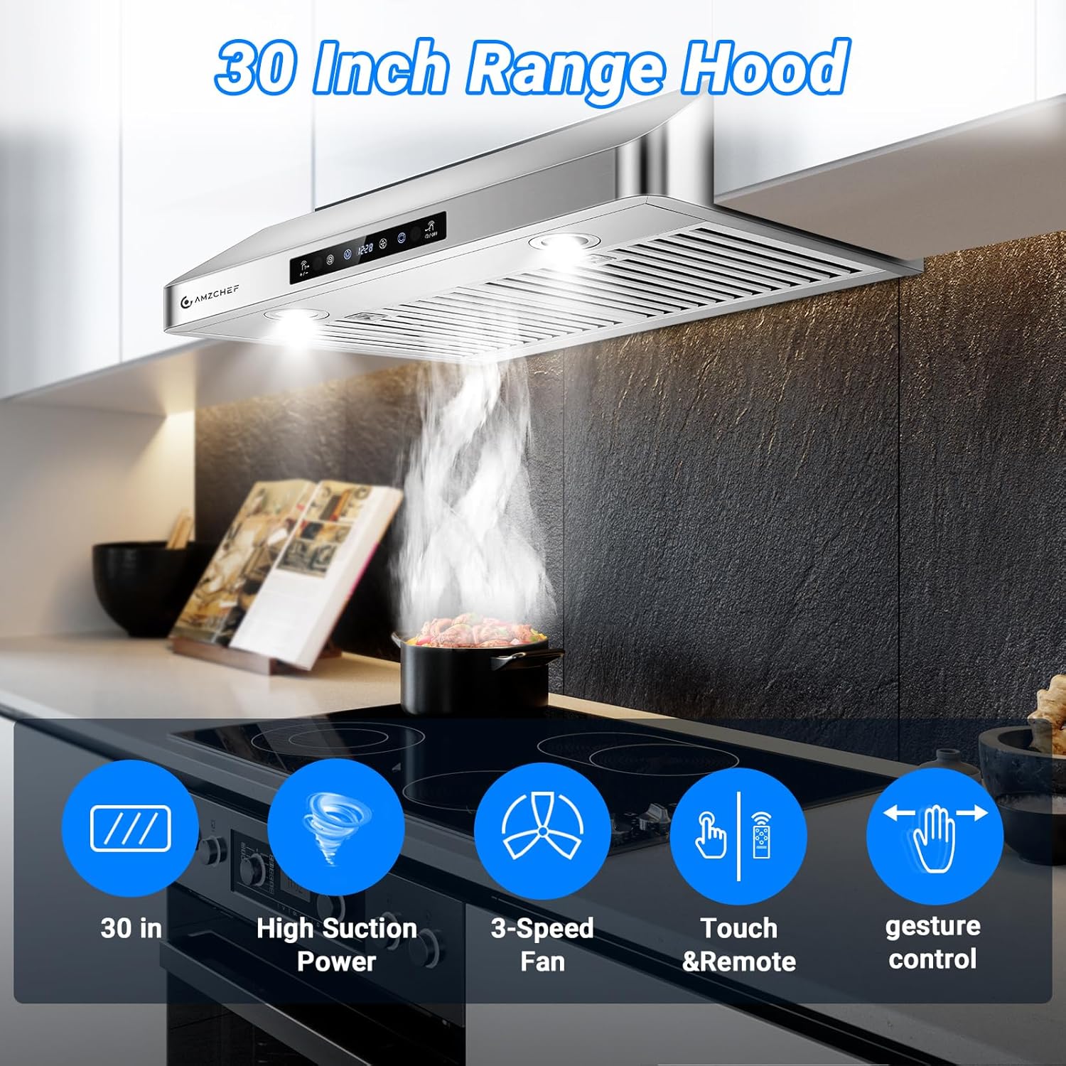 AMZCHEF 30 Inch Under Cabinet Range Hood 750 CFM with Remote Control