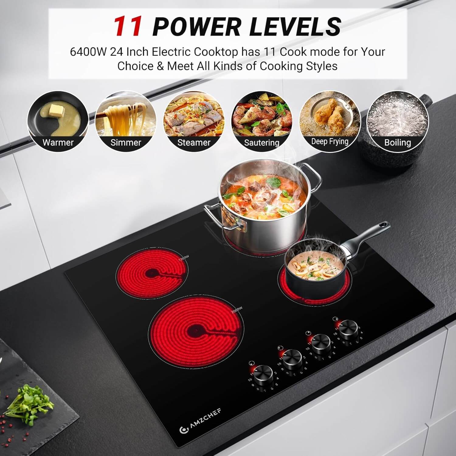 AMZCHEF 24 Inch Bulit-in Electric Cooktop 6400W