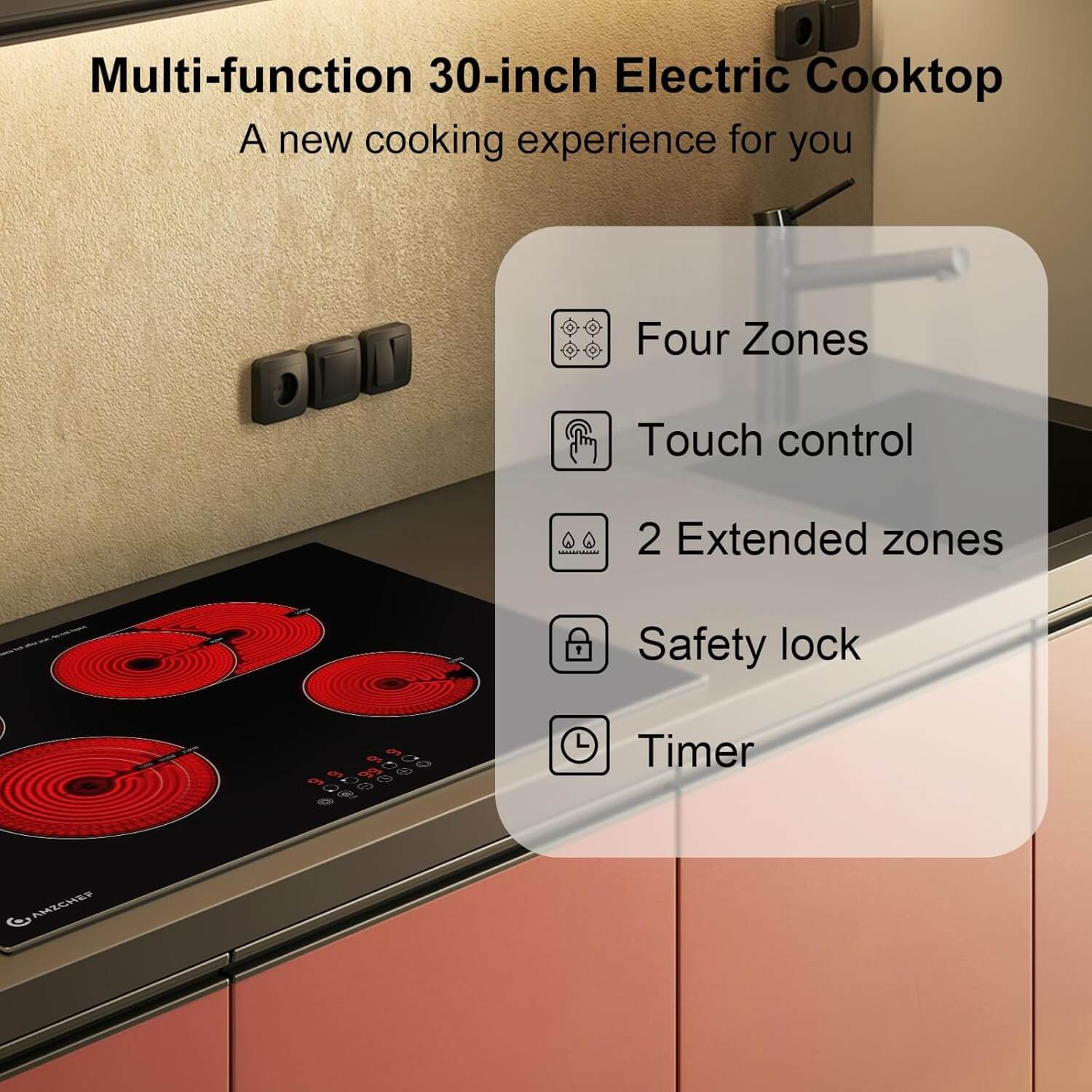 AMZCHEF Induction Range 30 Inch Built-in Countertop with 4 Burners 6700W
