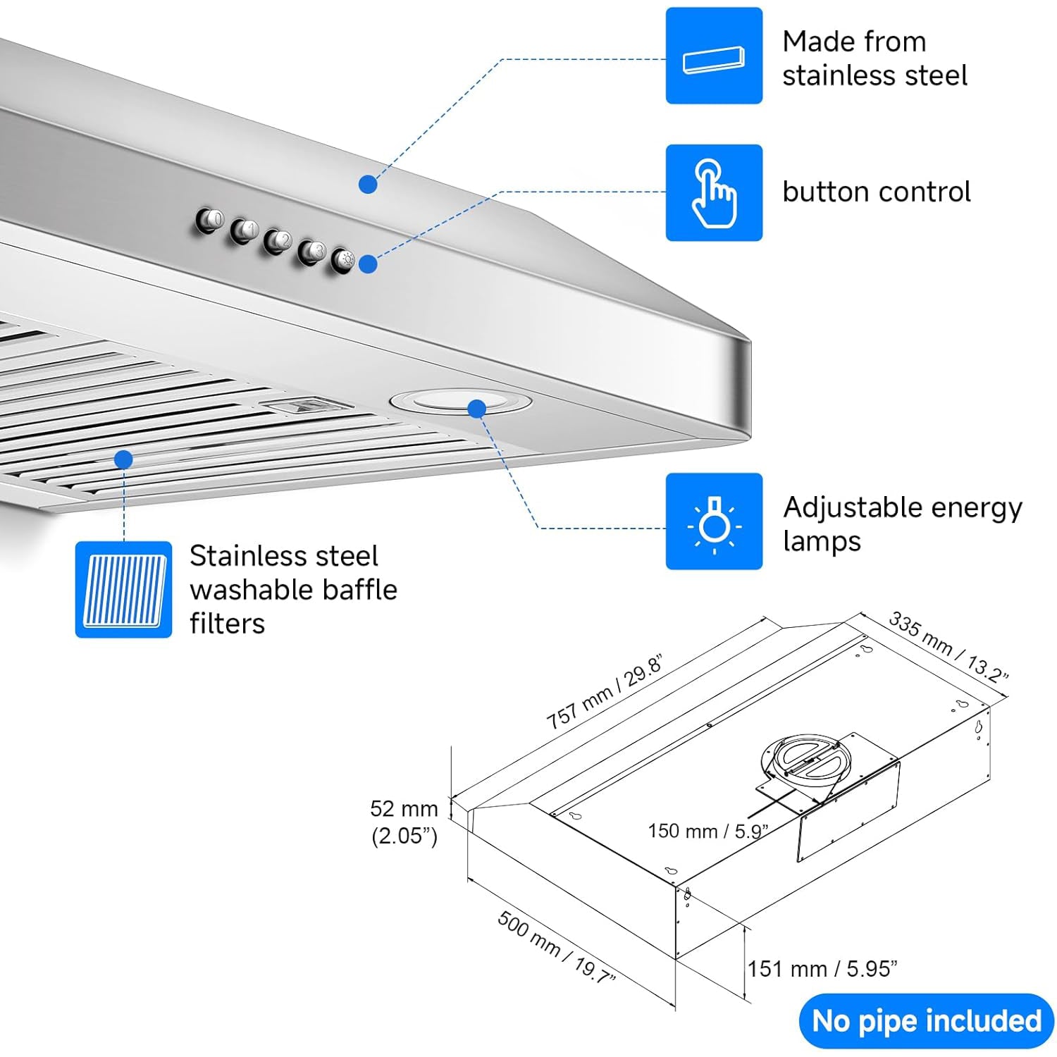 AMZCHEF 30 Inch Under Cabinet Range Hood with Button Control