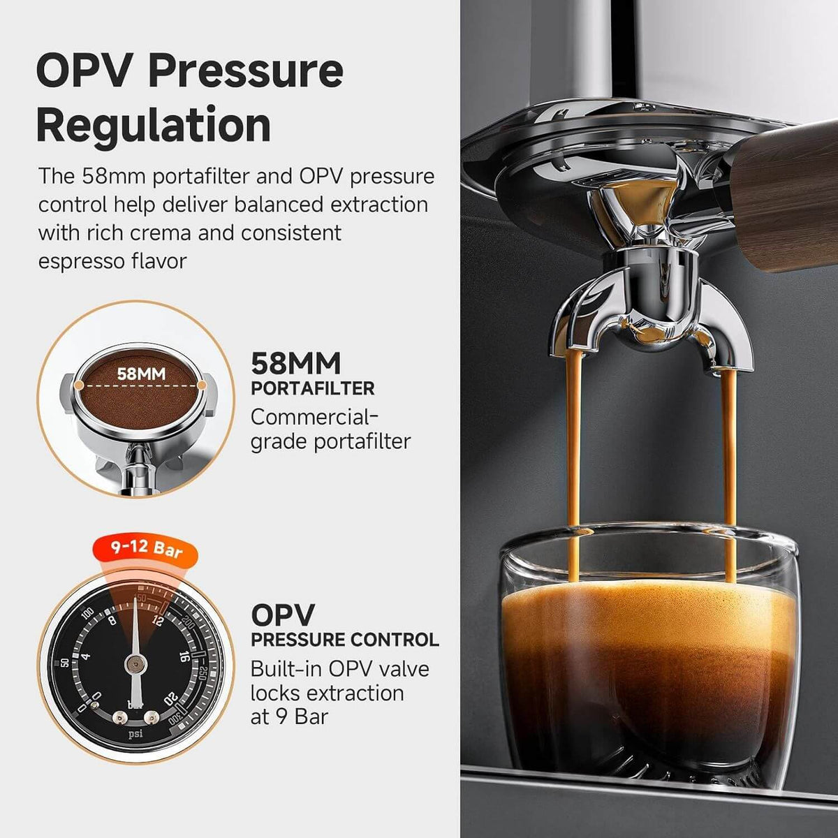 Promotional graphic for an OPV pressure regulator and 58mm portafilter, showing espresso being extracted into a glass cup with explanatory text and two inset detail diagrams.