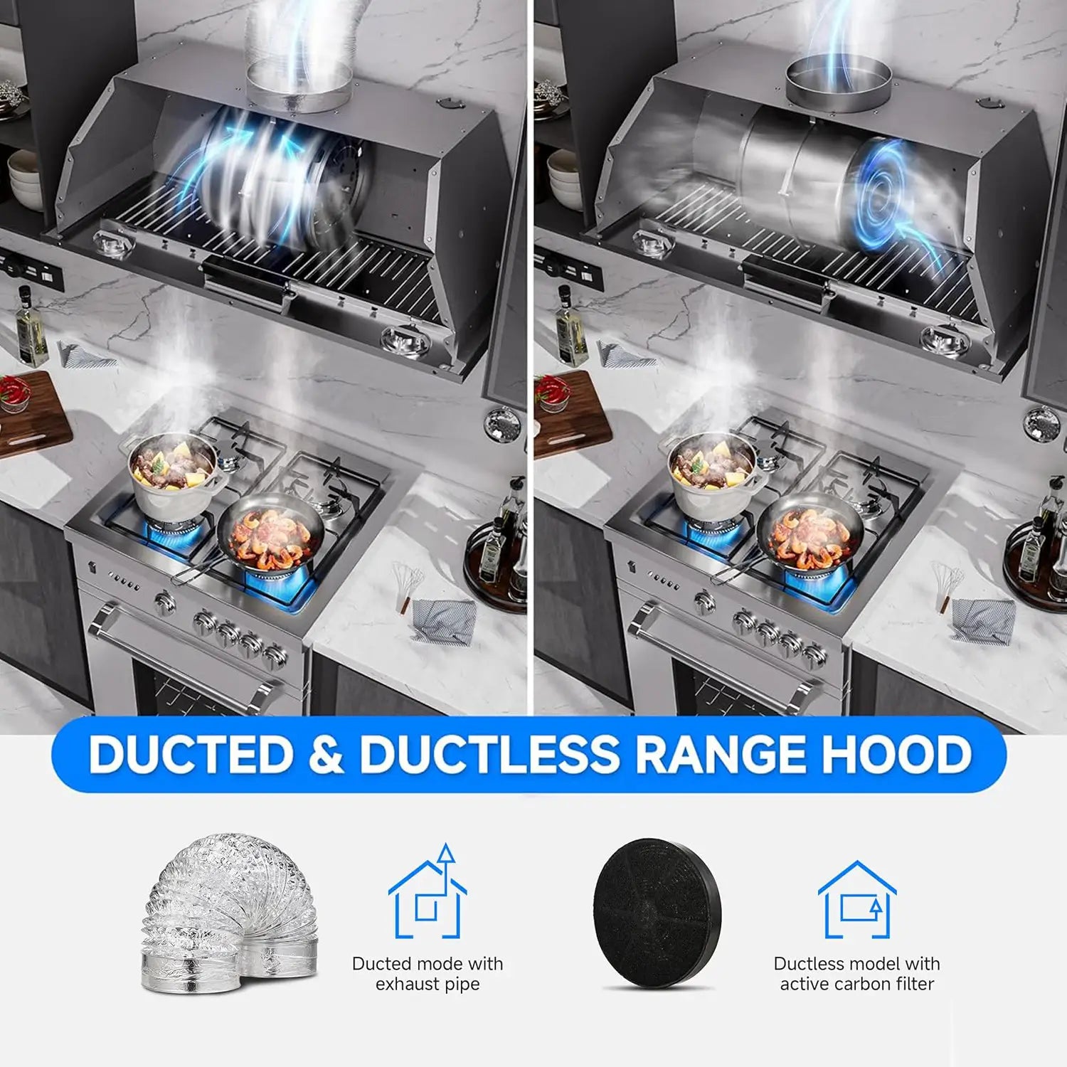 Comparison of ducted and ductless range hood with kitchen setup.