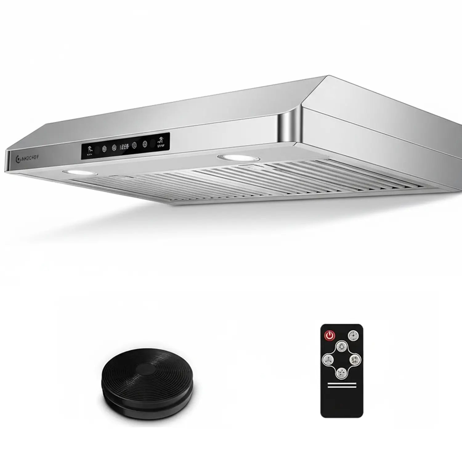 Stainless steel range hood with remote control on a white background