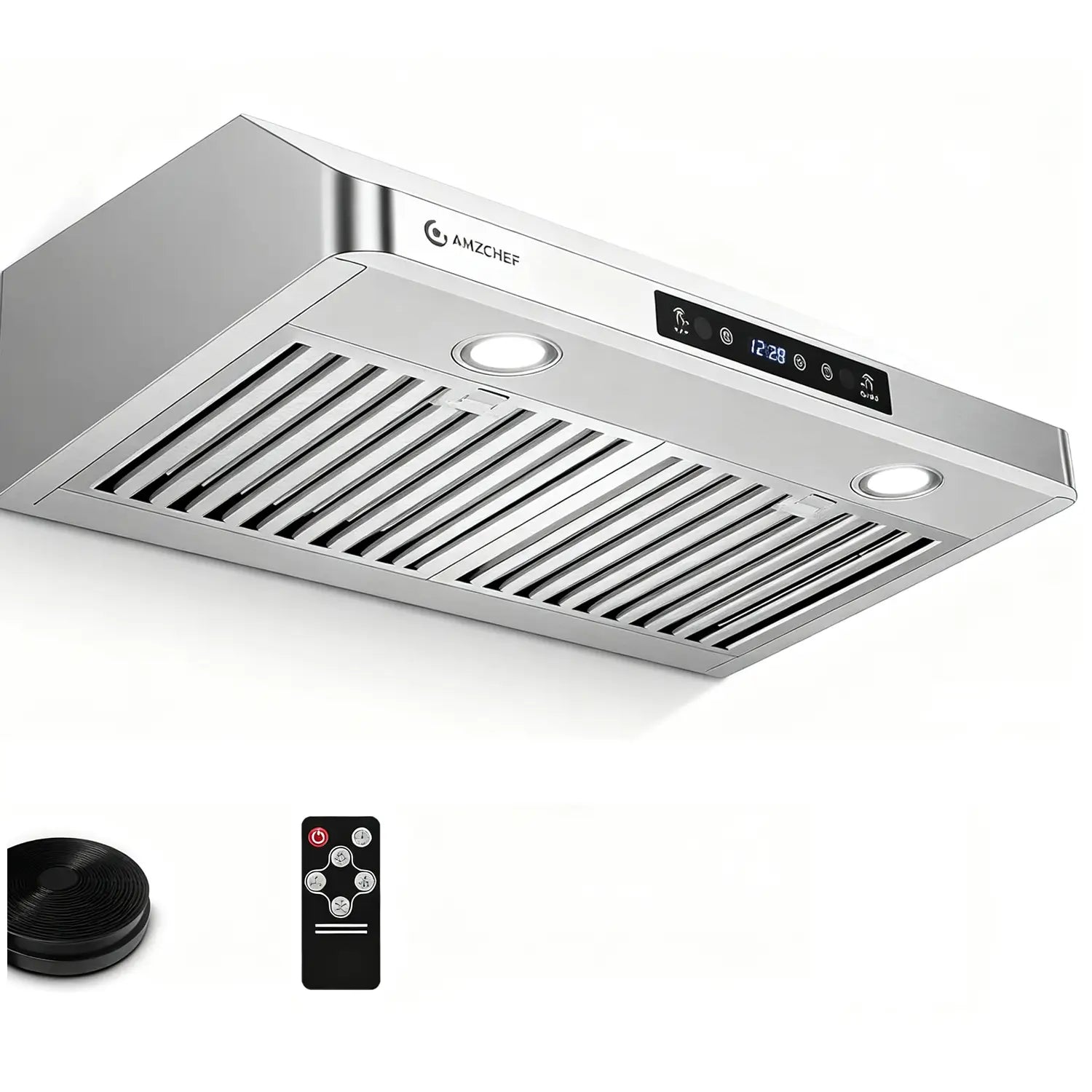 Stainless steel range hood with digital display and remote control on a white background