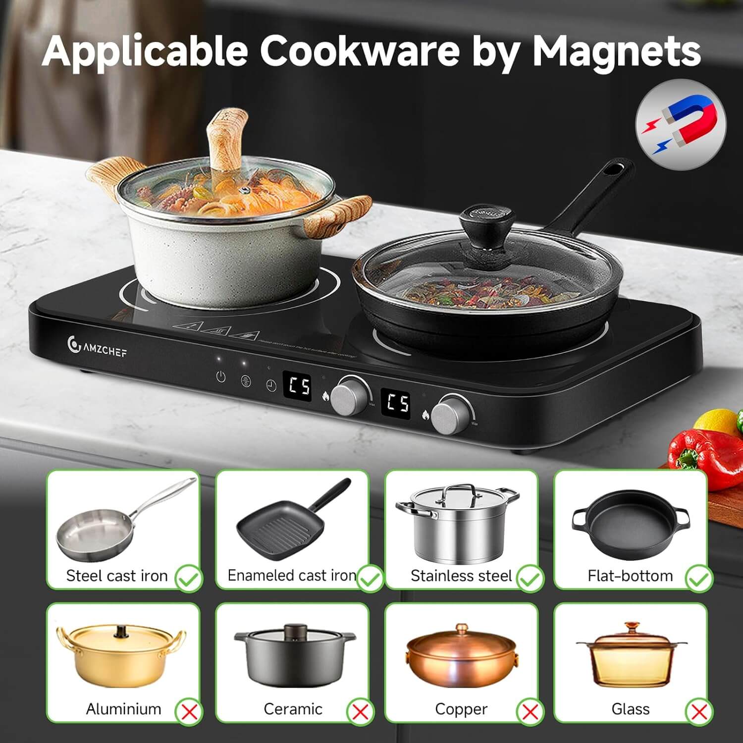 AMZCHEF Double Induction Cooktop with Removable Iron Cast Griddle Pan Black