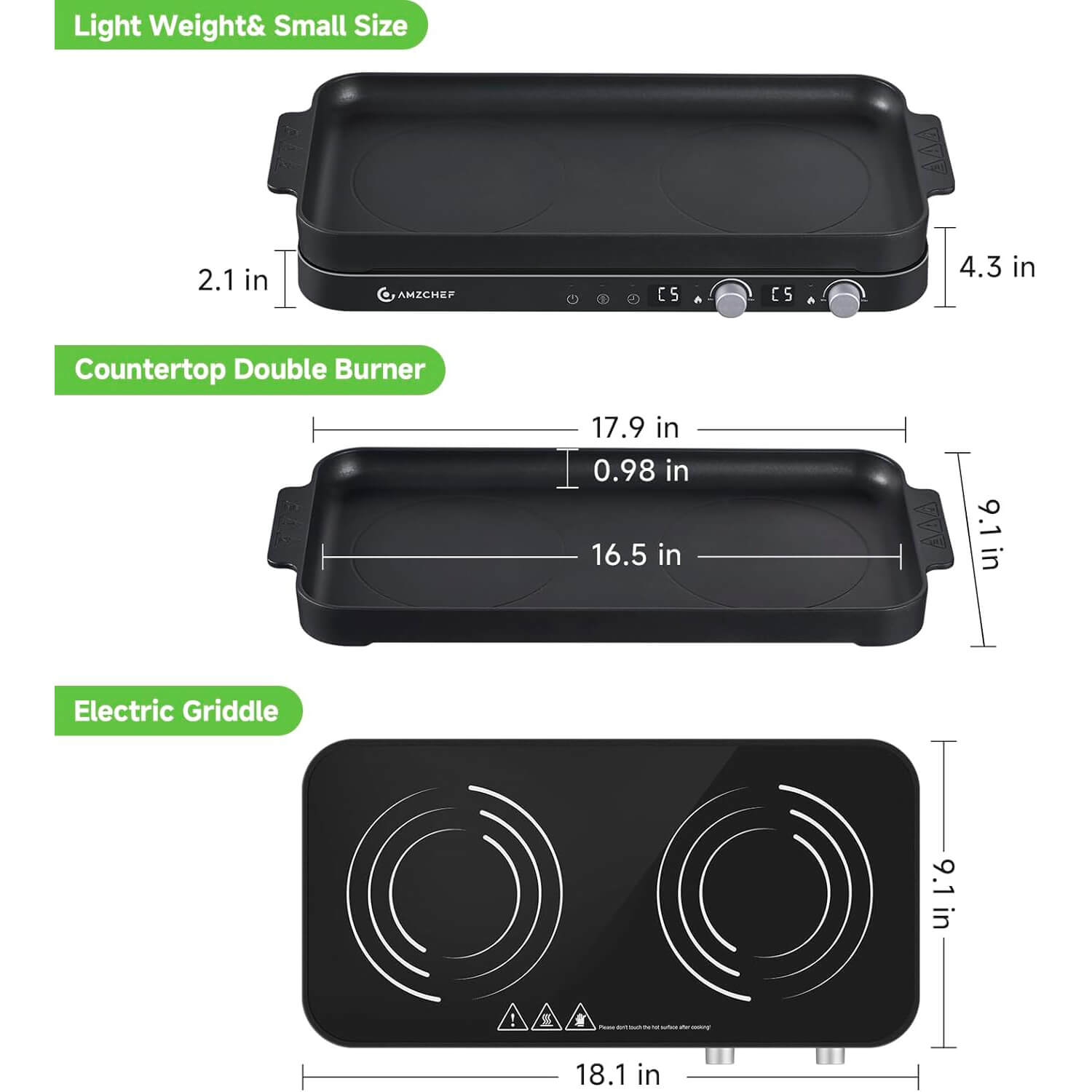 AMZCHEF Double Induction Cooktop with Removable Iron Cast Griddle Pan Black