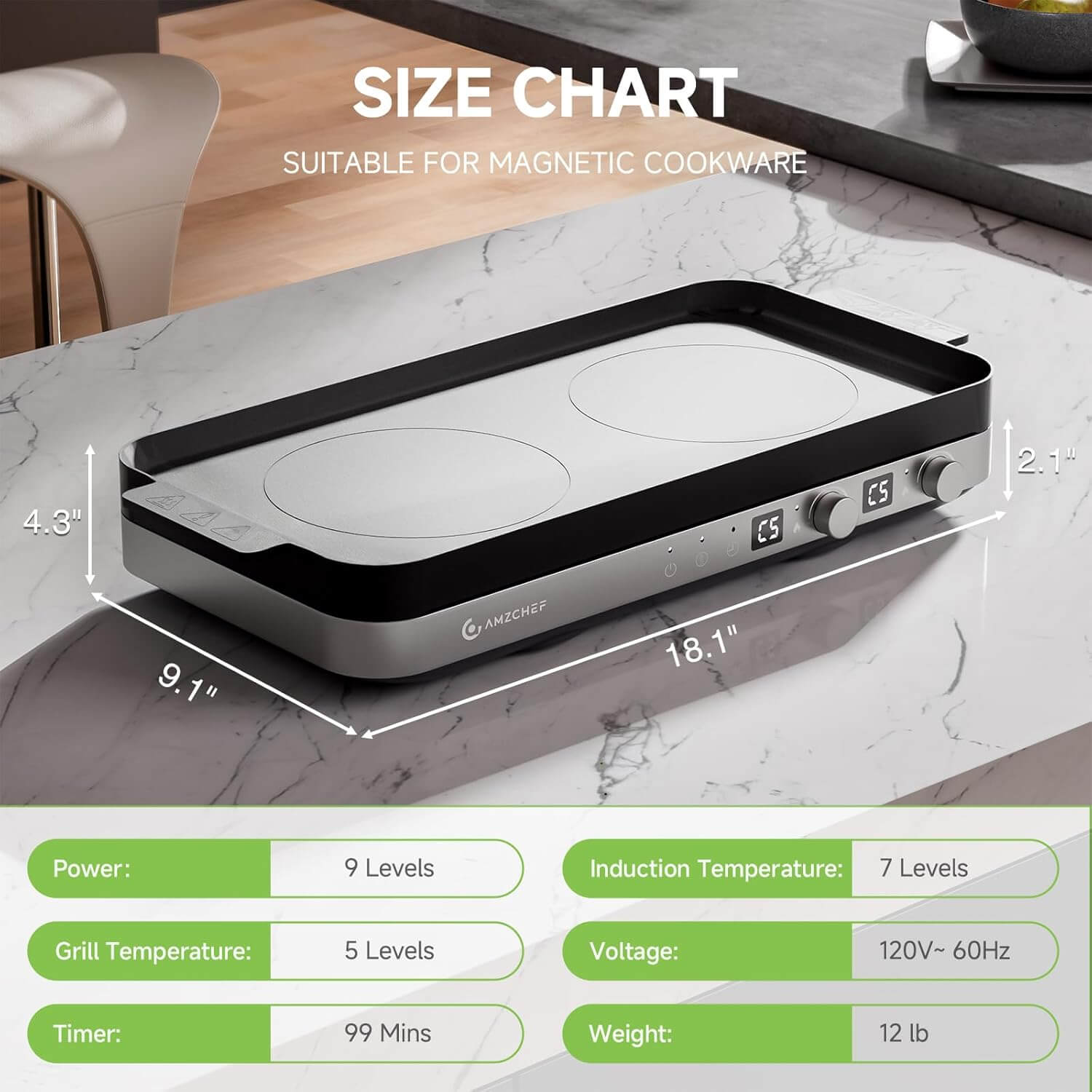 AMZCHEF Double Induction Cooktop with Removable Iron Cast Griddle Pan Grey