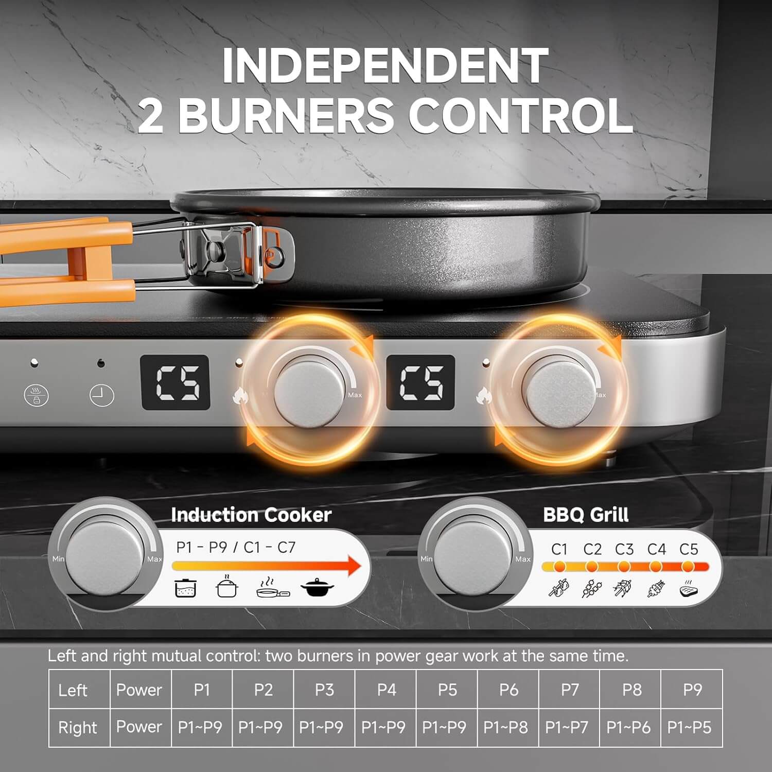 AMZCHEF Double Induction Cooktop with Removable Iron Cast Griddle Pan Grey
