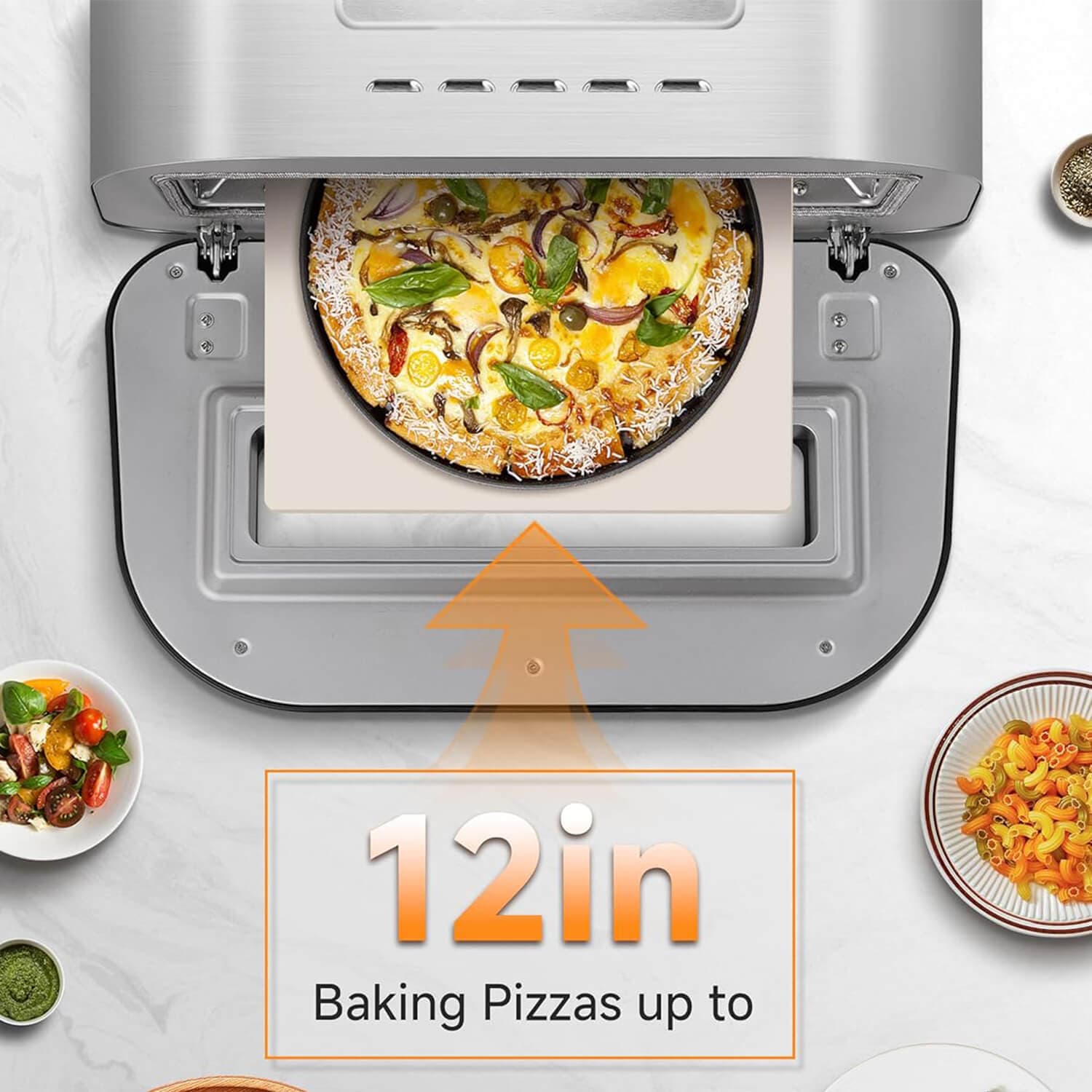 Pizza being baked in a pizza oven with ingredients on the sides.