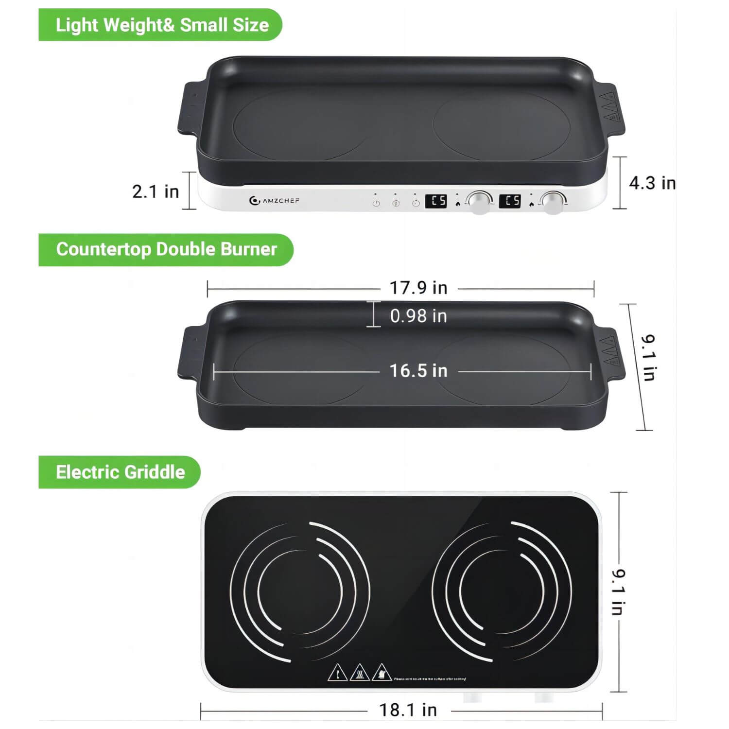 AMZCHEF Double Induction Cooktop with Removable Iron Cast Griddle Pan White