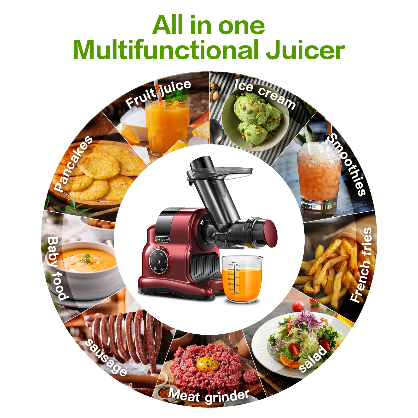 AMZCHEF 5-in-1 Multifunctional Professional Masticating Juicer,red,with Meat Grinder & Slicer shredder & Ice Crusher Attachments