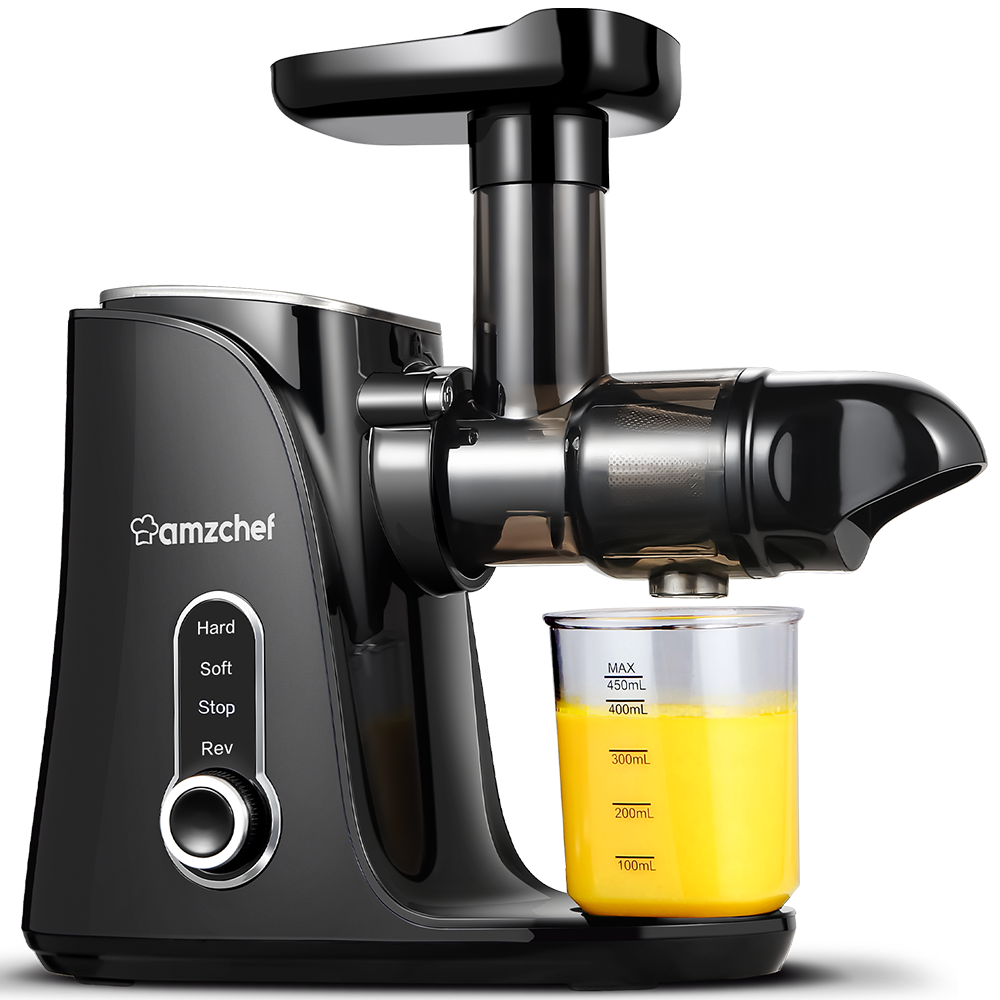 AMZCHEF Slow Masticating Juicer Extractor, Cold Press Juicer with Two Speed Modes, 2 Travel bottles(500ML),LED display, Easy to Clean Brush & Quiet Motor for Vegetables&Fruits,Black
