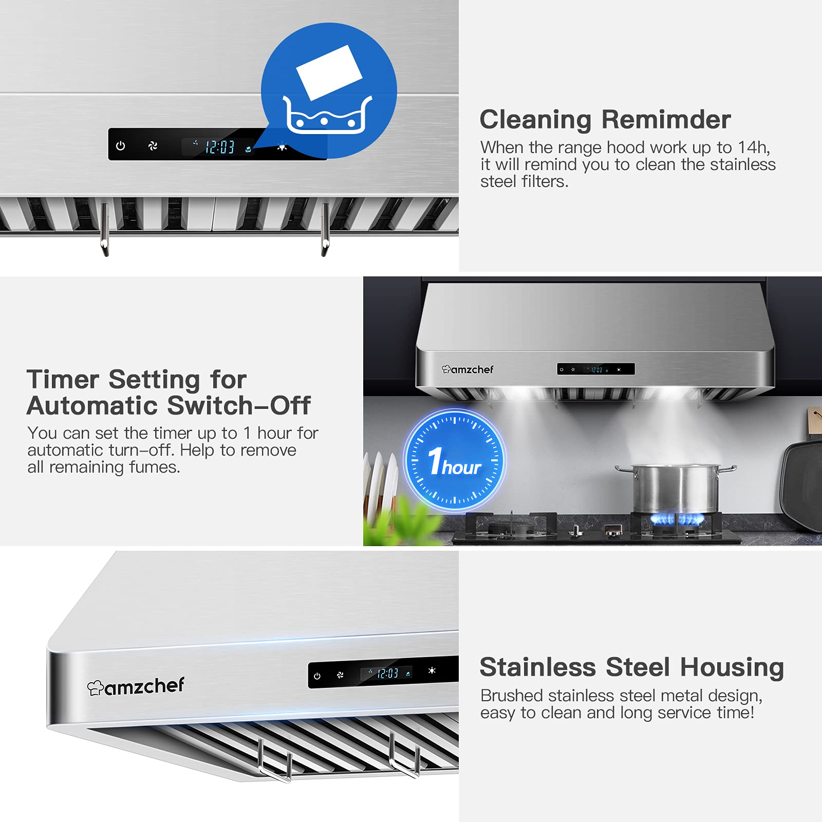 AMZCHEF Wall Mount Range Hoods 30 inch Touch screen
