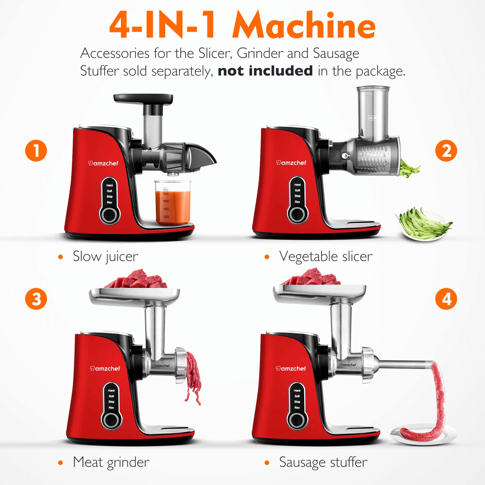 AMZCHEF Slow Juicer for Fruit and Vegetables Powerful Juicer GM3001 Red