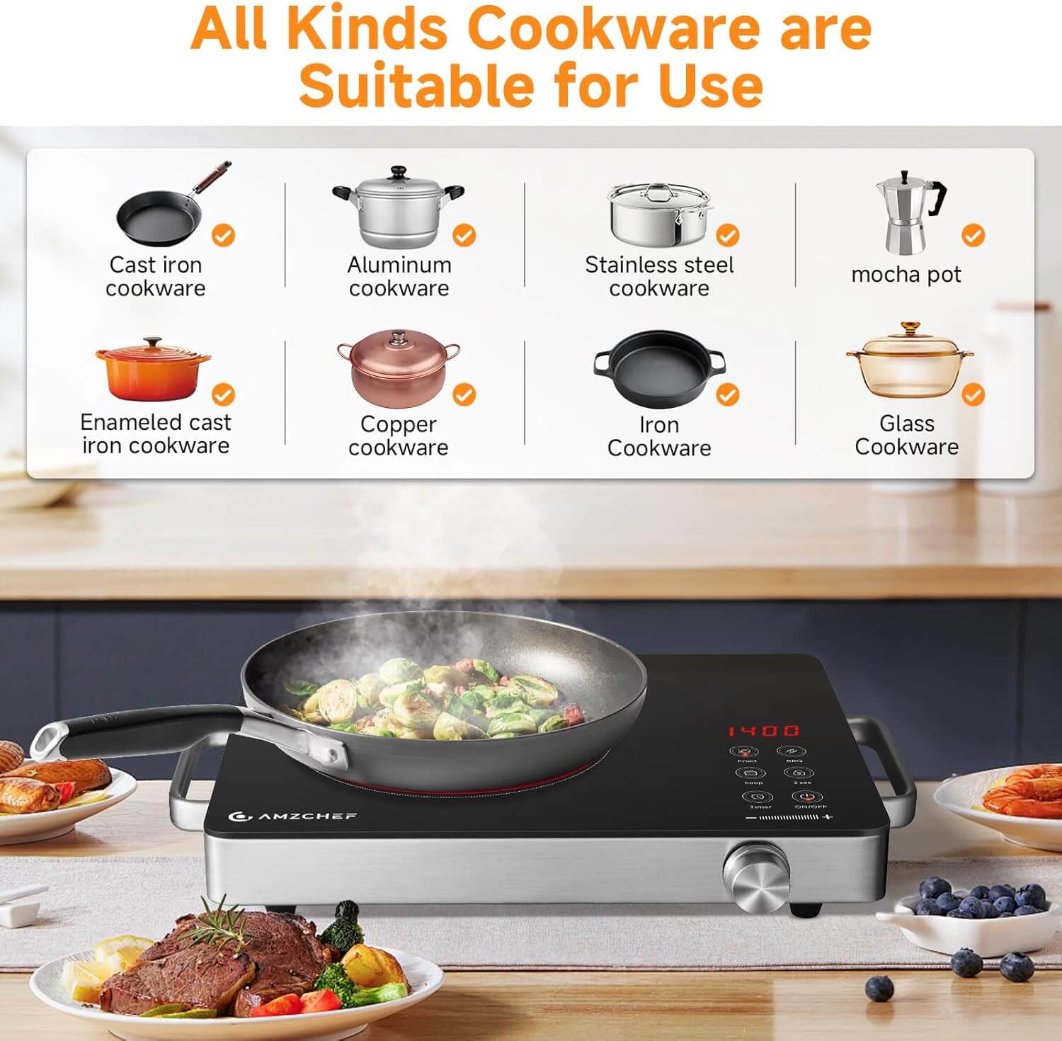 AMZCHEF 1400W Single Burner Electric Ceramic Cooktop Knob Control BM1201