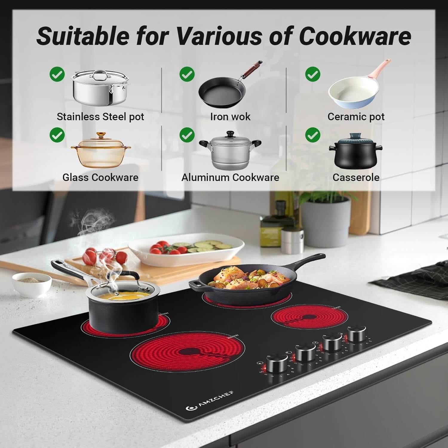 AMZCHEF 24 Inch Bulit-in Electric Cooktop 6400W 