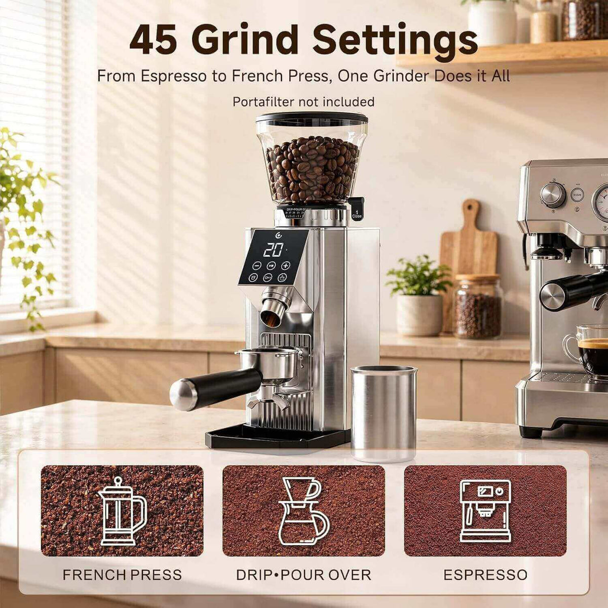 AMZCHEF Conical Burr Coffee Grinder 45 Settings Low Mess
