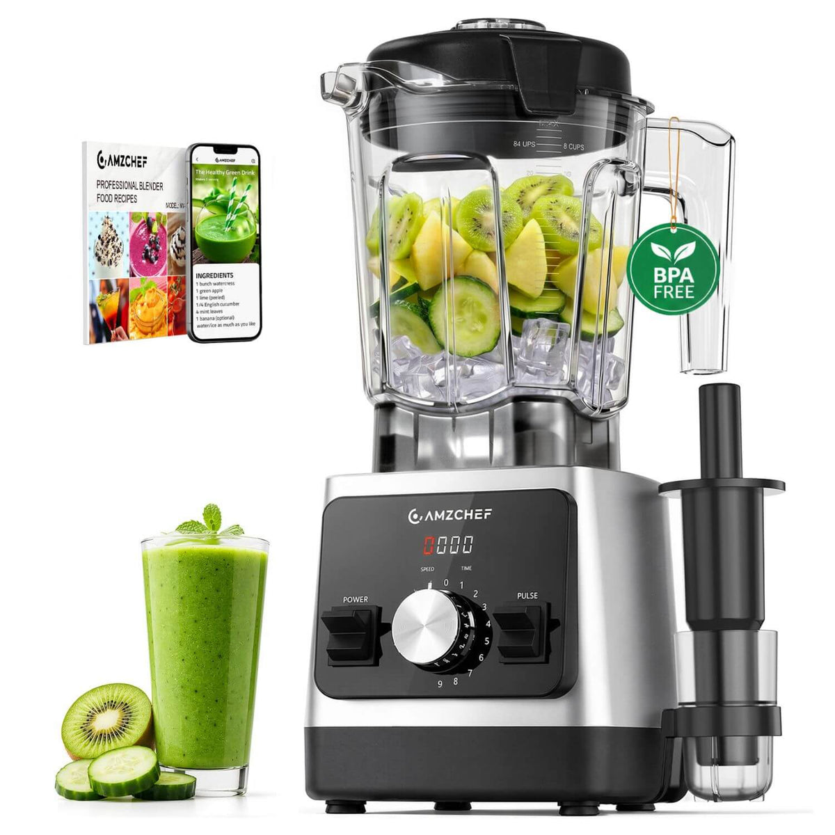 AMZCHEF Smoothie Blender 6 Titanium Blades 68oz Self Cleaning