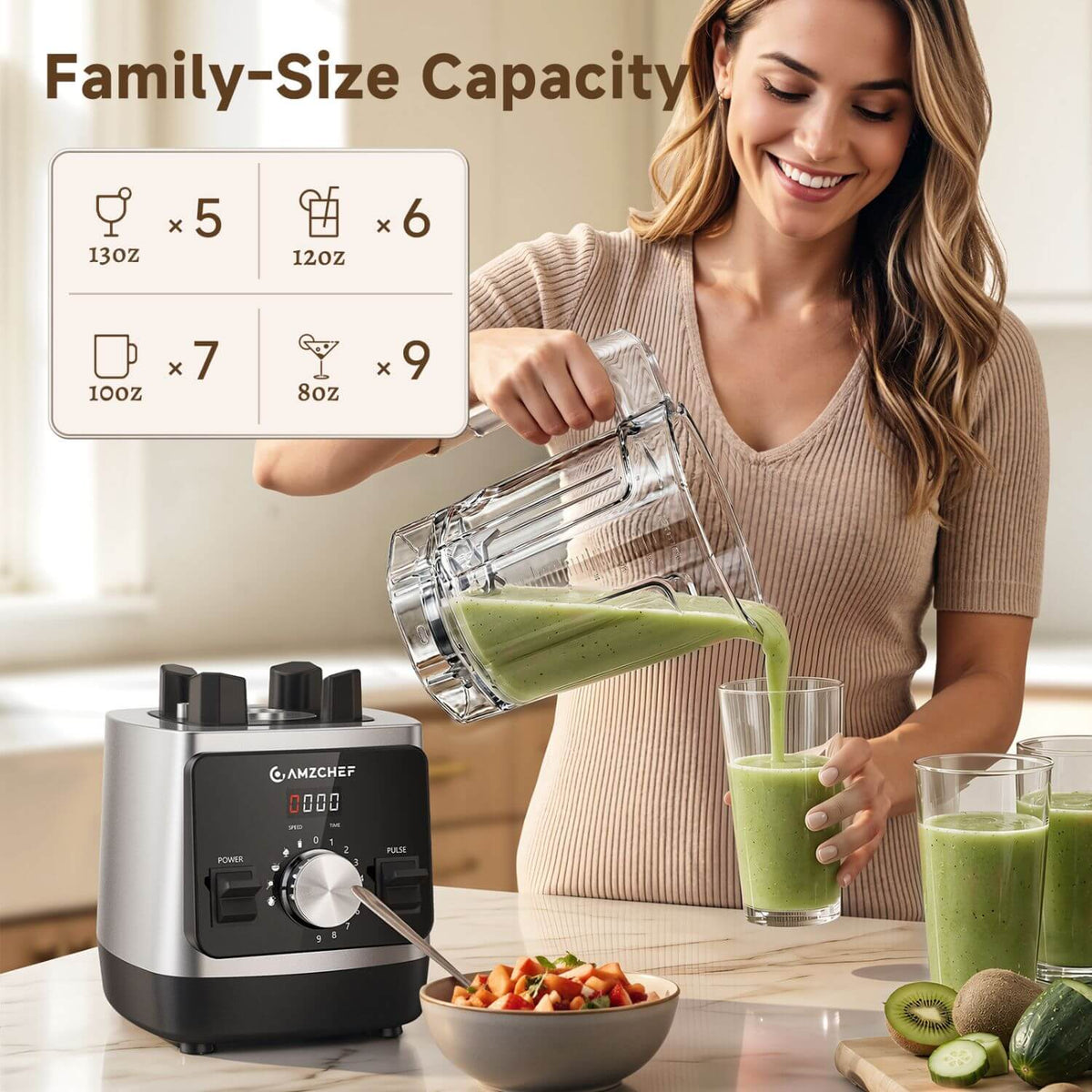 AMZCHEF Smoothie Blender 6 Titanium Blades 68oz Self Cleaning