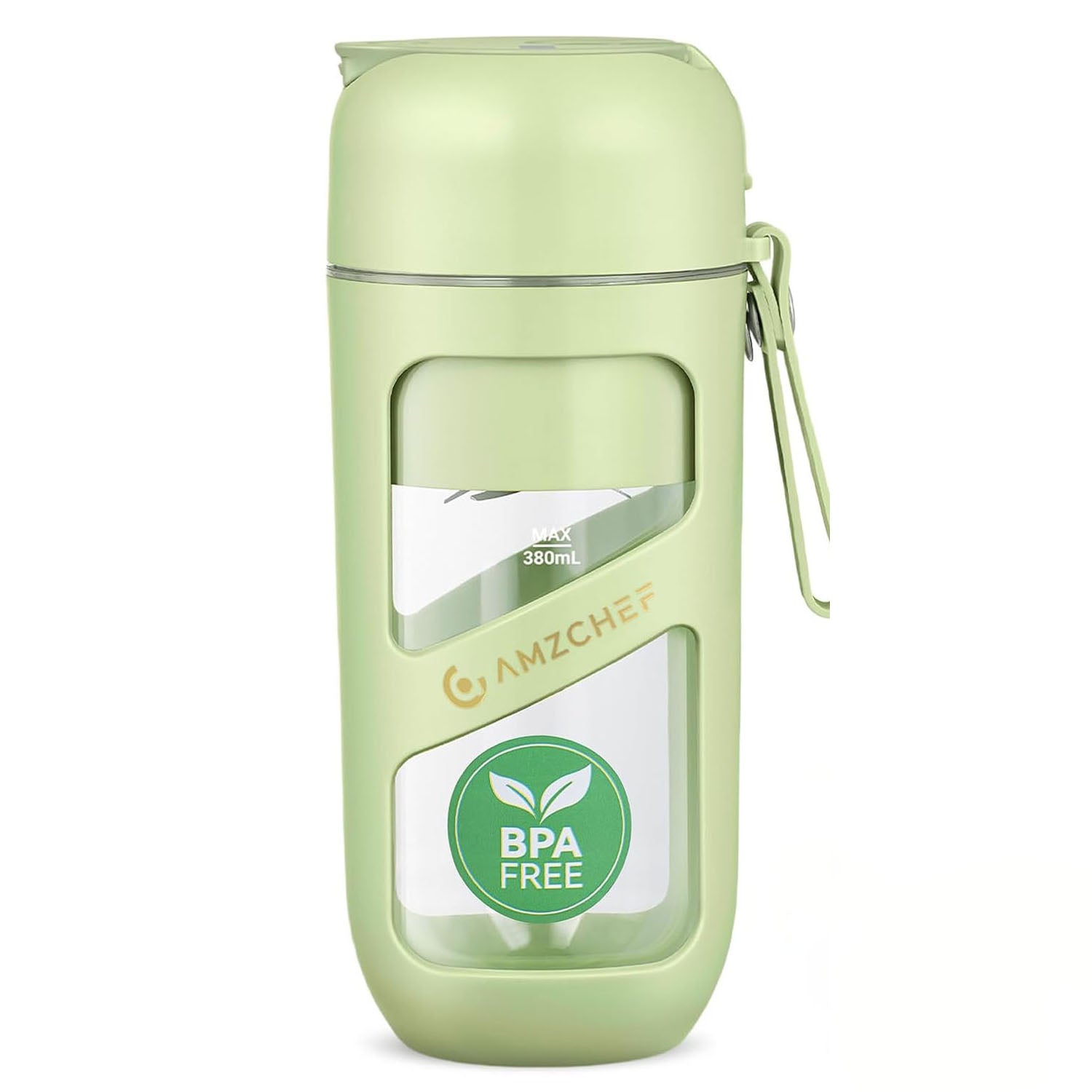 Green water bottle with a clear lid and 'BPA FREE' label on a white background