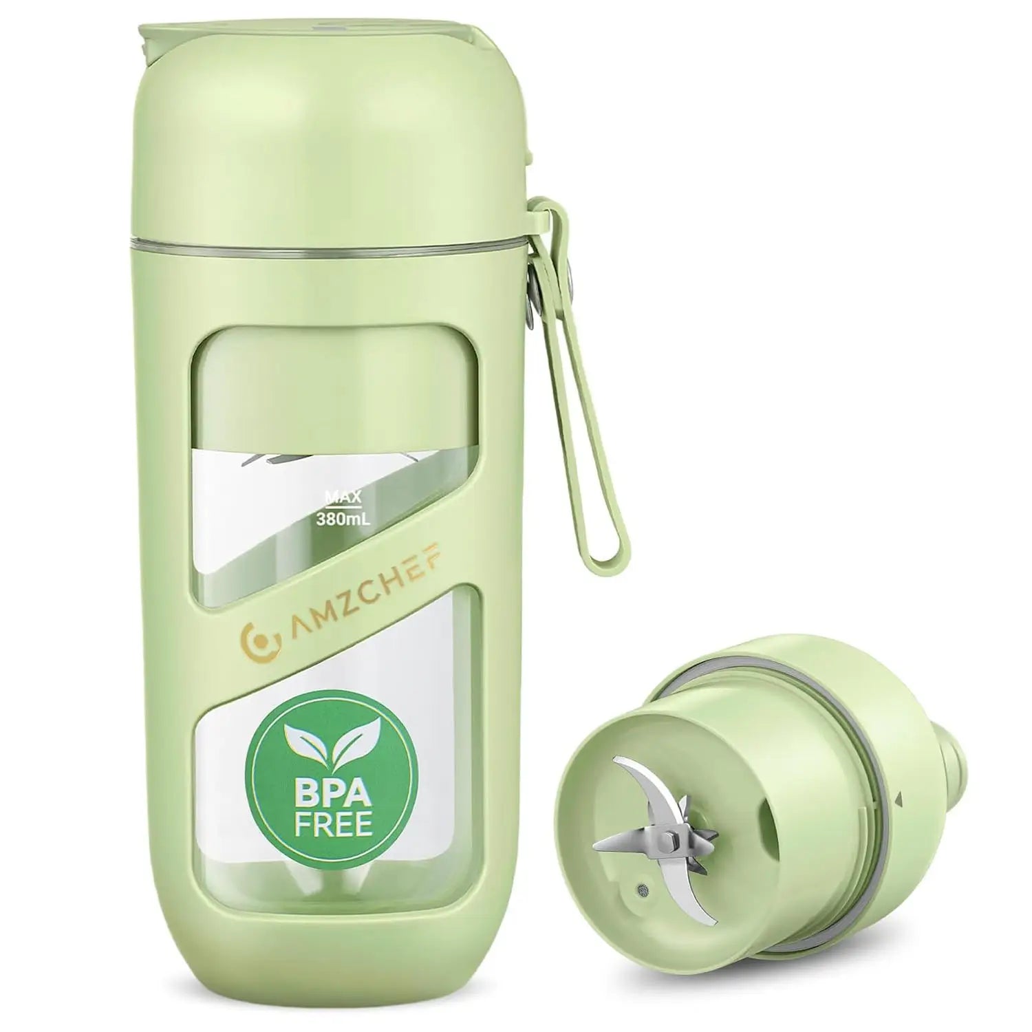 Green portable blender with BPA-free label on a white background