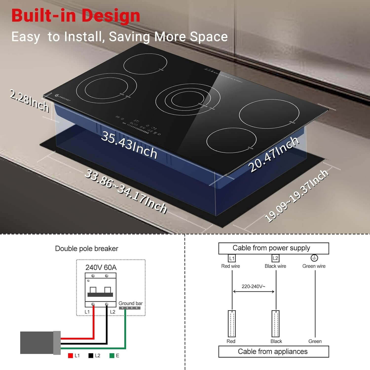 AMZCHEF 36" Upgraded 8900W Electric Cooktop 5 Burner Touch Control Built-in Ceramic Stove