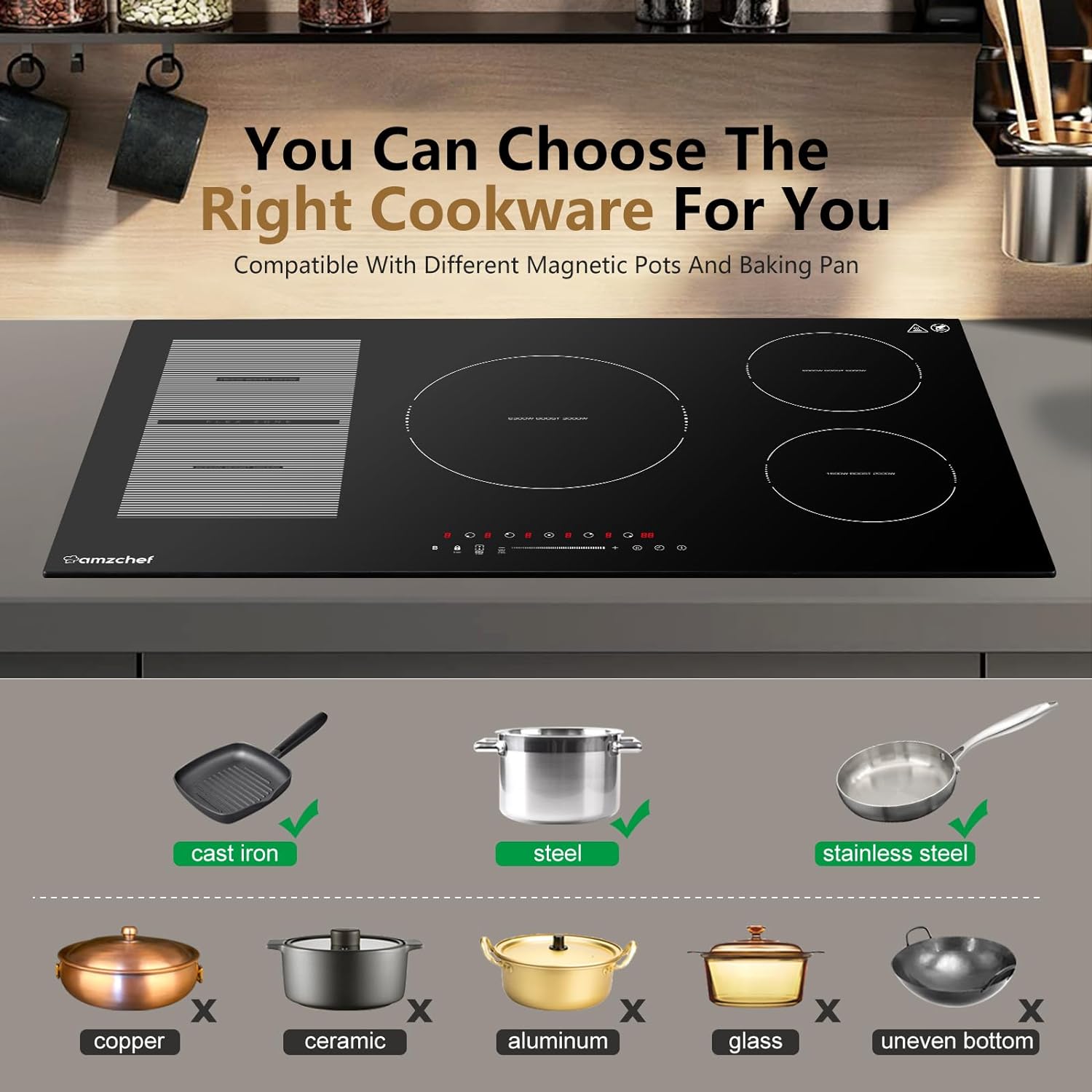 AMZCHEF 36 Inch Built-in Induction Cooktop 5 Boost Burner Including Flexi Zone
