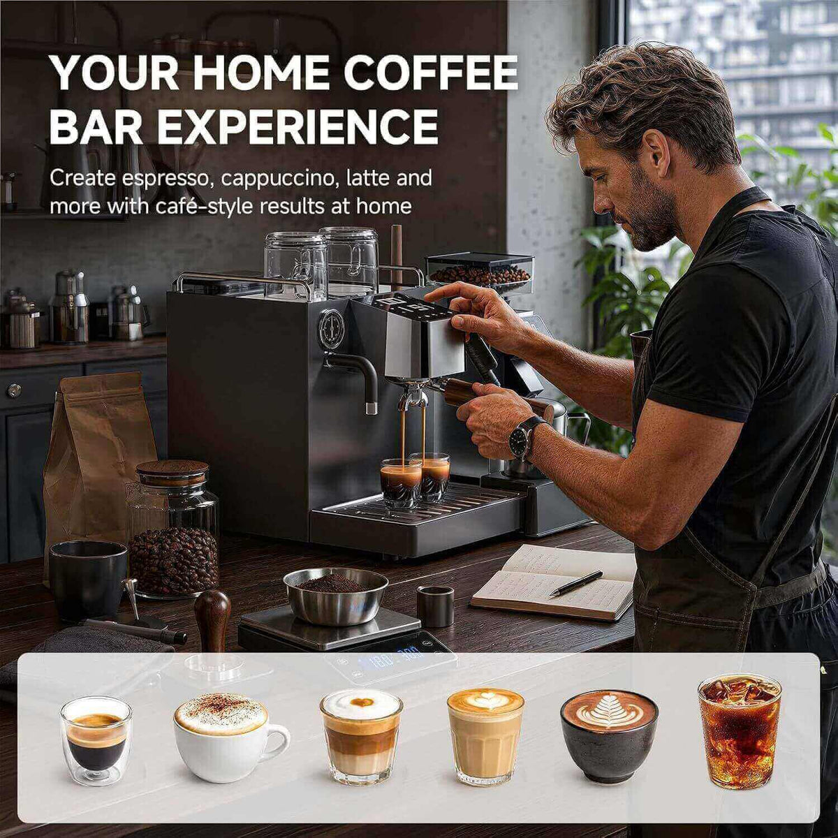A man in a black shirt and apron operates a sleek black coffee machine in a kitchen or cafe setting, with espresso being poured into two small cups. Large text at the top reads 'YOUR HOME COFFEE BAR EXPERIENCE,' and a row of coffee drink examples appears along the bottom.