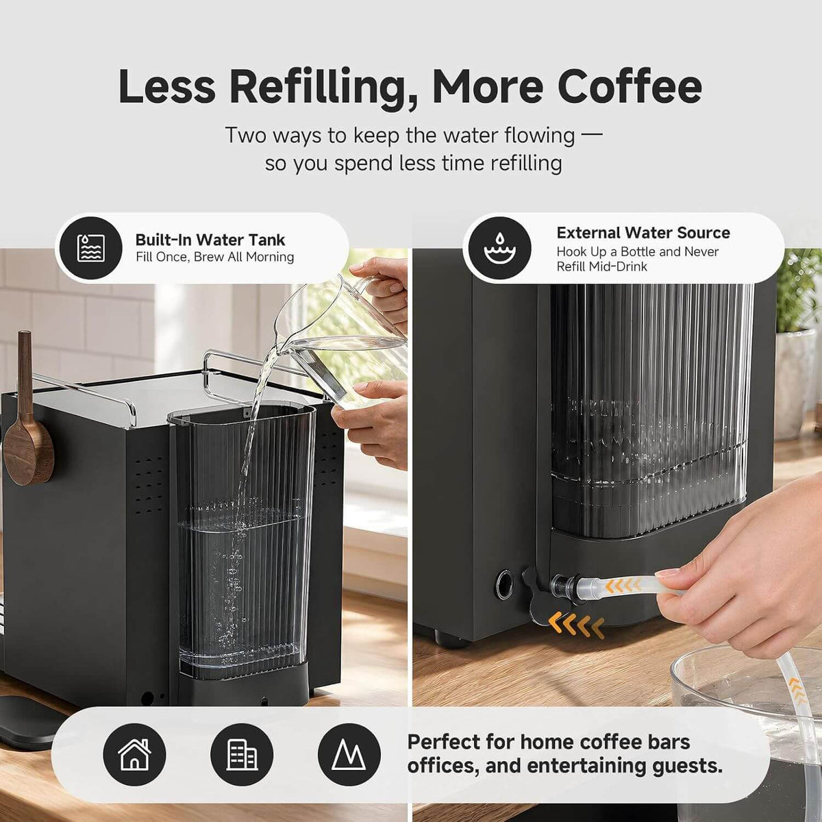 A promotional comparison graphic for a coffee maker showing two ways to keep water flowing: on the left, pouring water into a built-in water tank, and on the right, using an external water source. The coffee maker itself is black and transparent, set on a wooden countertop with text overlays explaining the benefits.