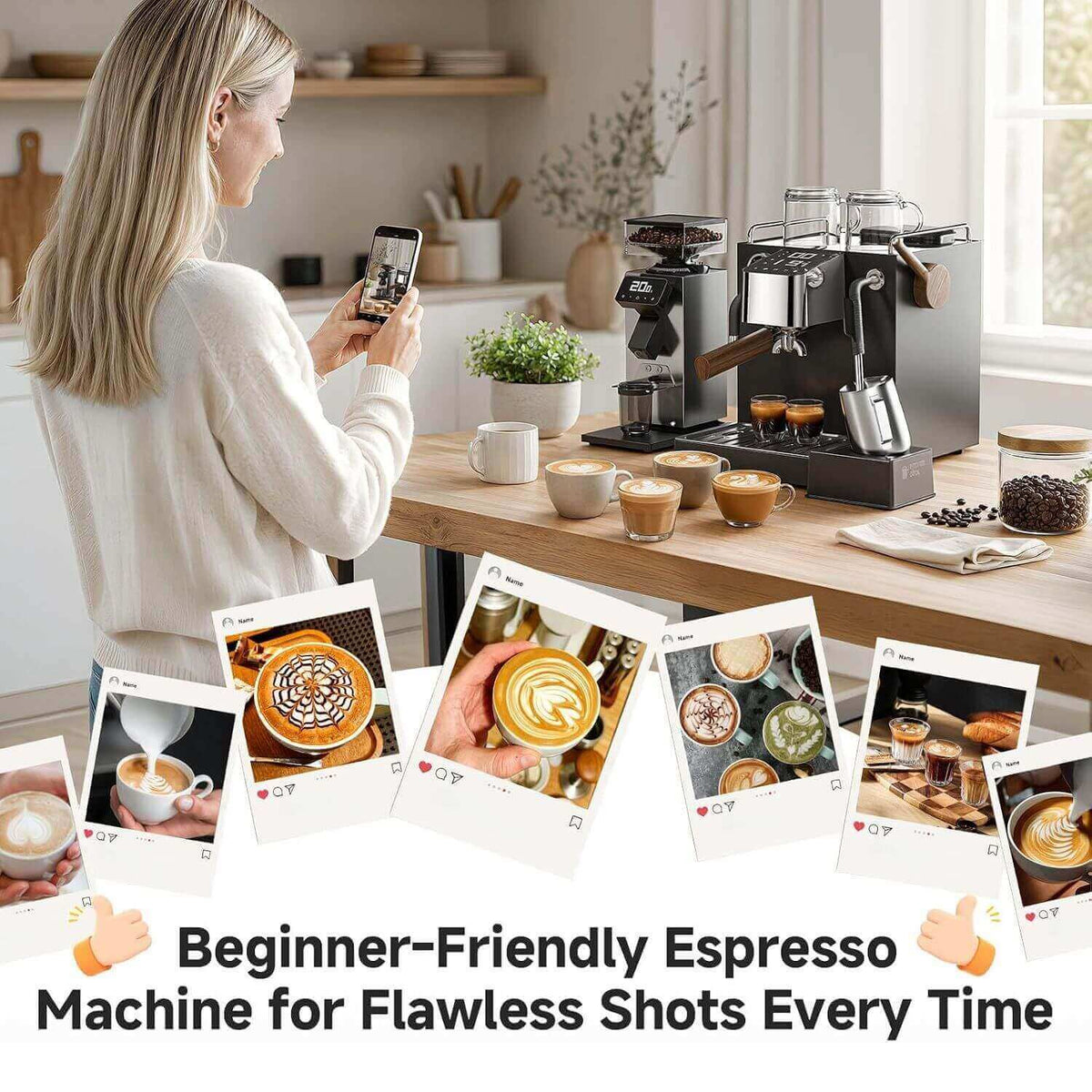 A woman stands at a kitchen counter taking a photo with her phone beside a stainless steel and black espresso machine, with several coffee cups and latte art photos overlaid across the bottom. Text at the bottom reads, 'Beginner-Friendly Espresso Machine for Flawless Shots Every Time.