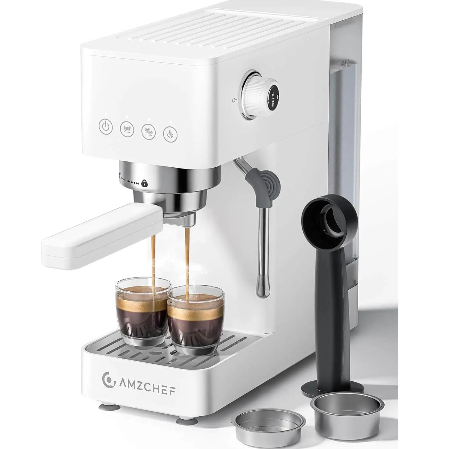 White espresso machine with two cups of coffee being dispensed, featuring the brand 'AMZCHEF'.