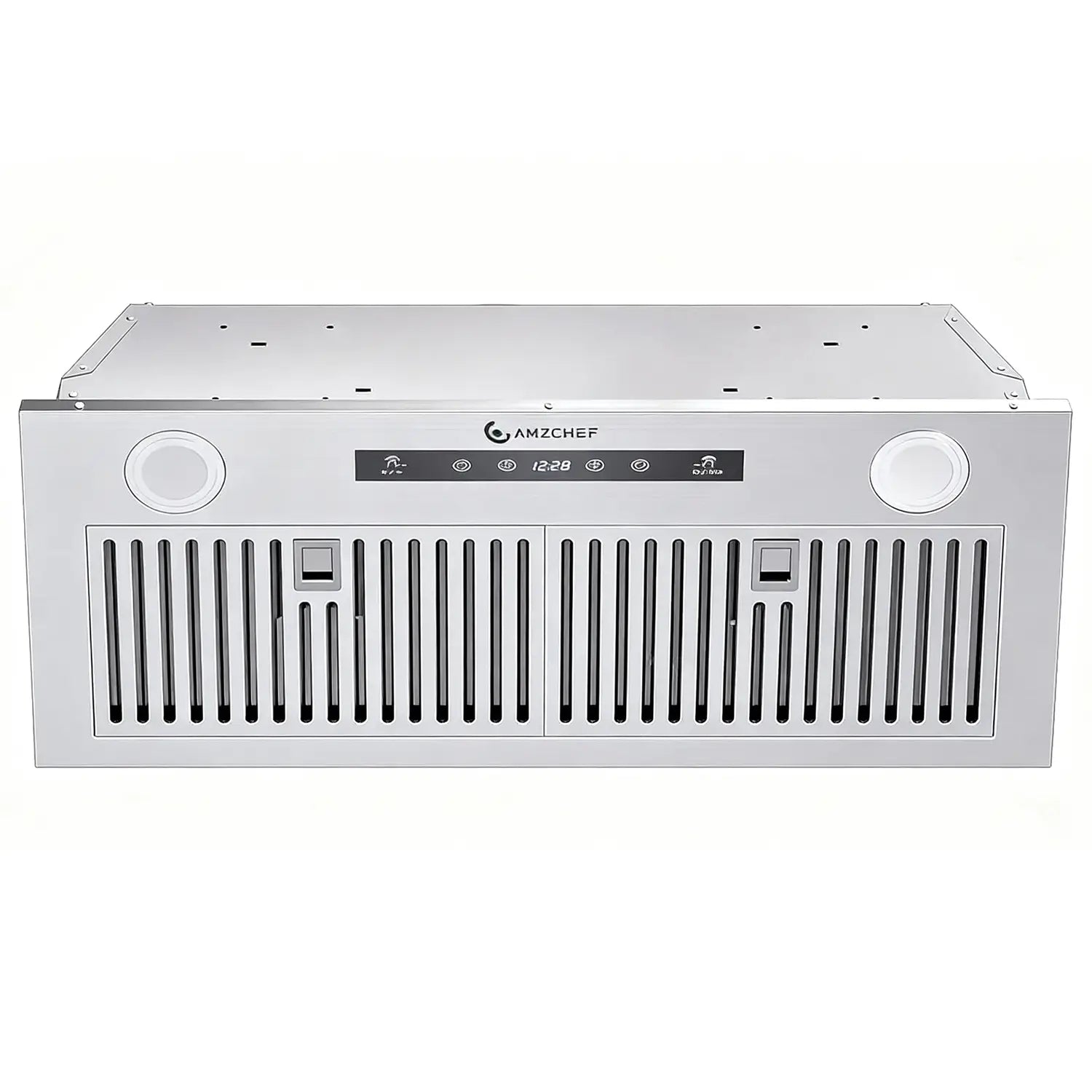 Stainless steel range hood with AMZCHEF branding on a white background