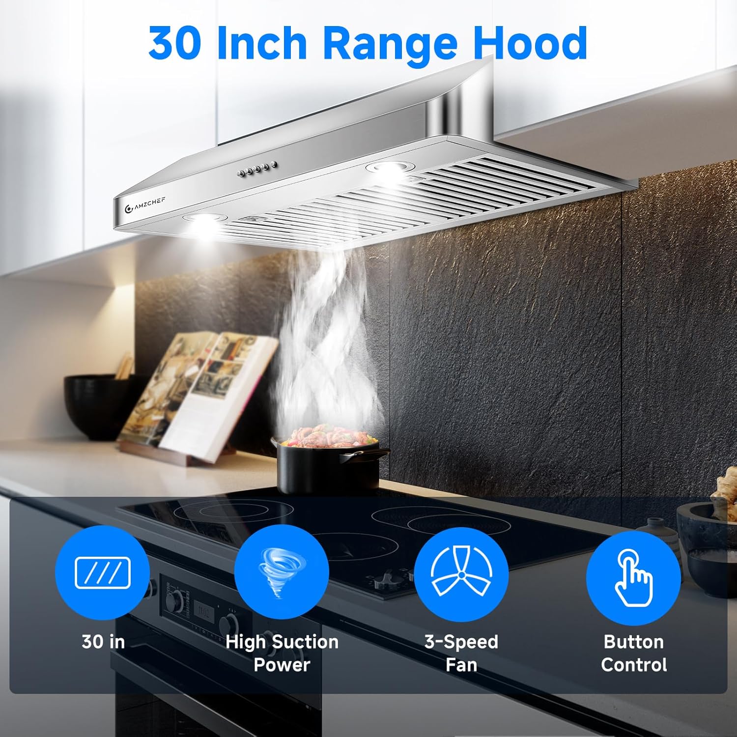 AMZCHEF 30 Inch Under Cabinet Range Hood with Button Control