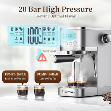 AMZCHEF Compact Latte Machine with Visual LCD 20 Bar 