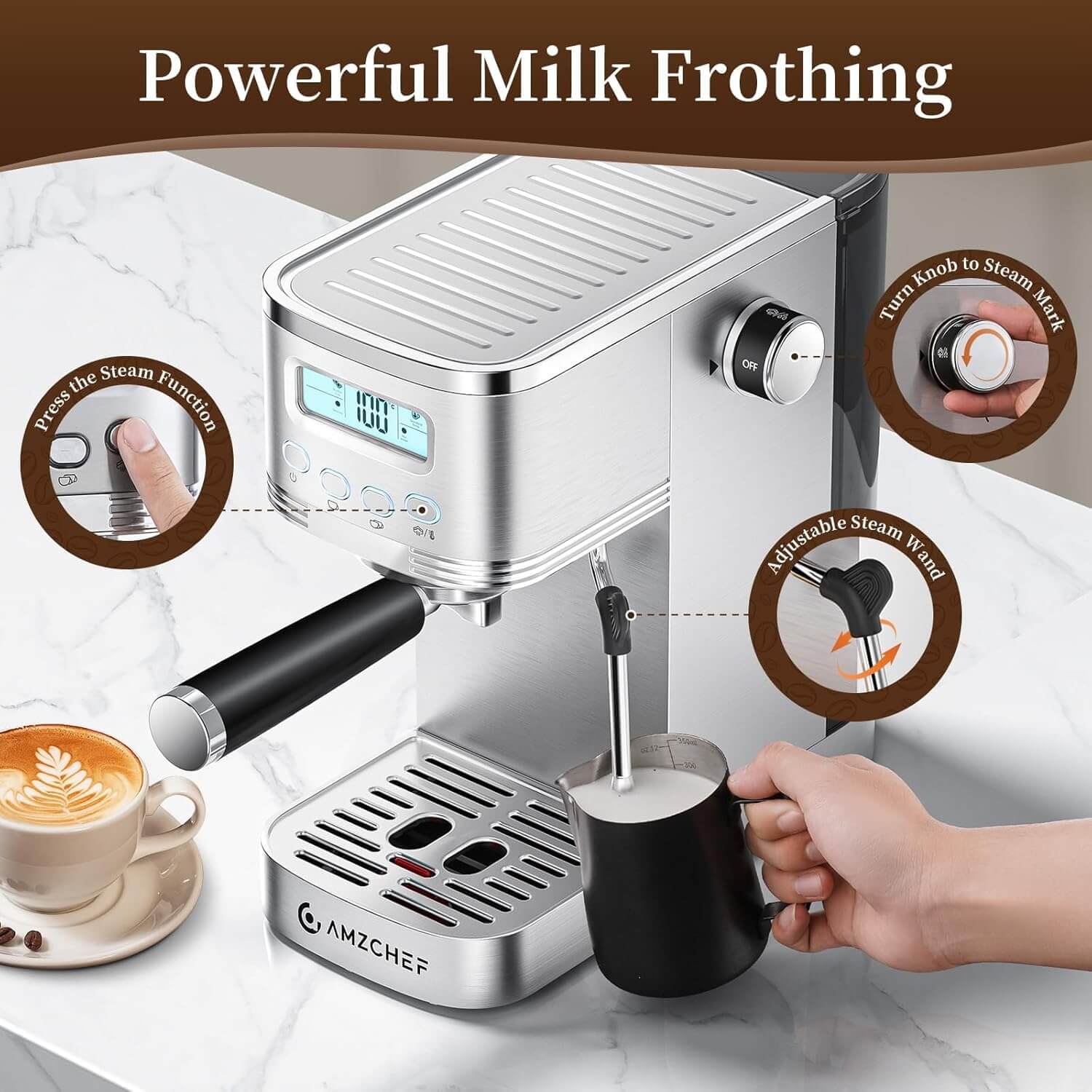 AMZCHEF Compact Latte Machine with Visual LCD 20 Bar 