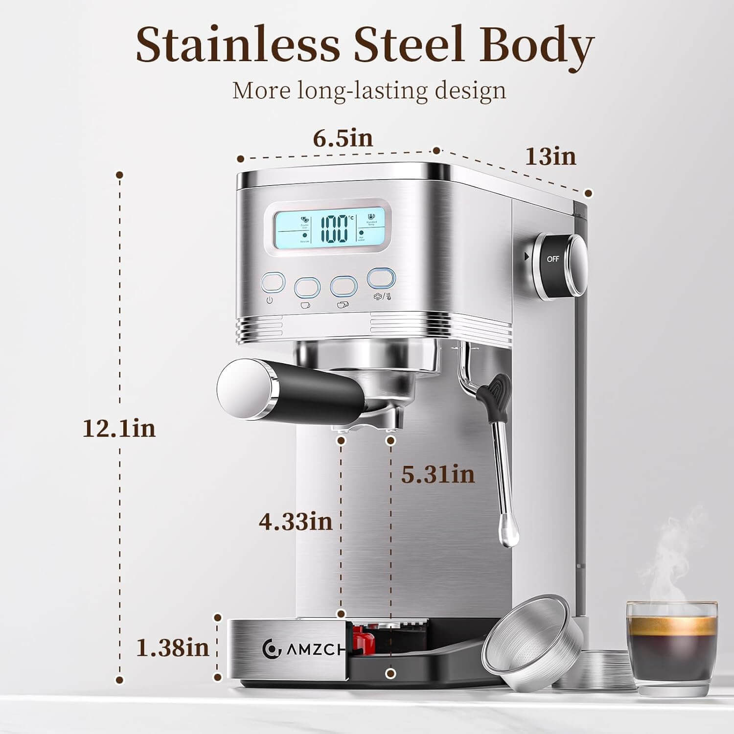 AMZCHEF Compact Latte Machine with Visual LCD 20 Bar 
