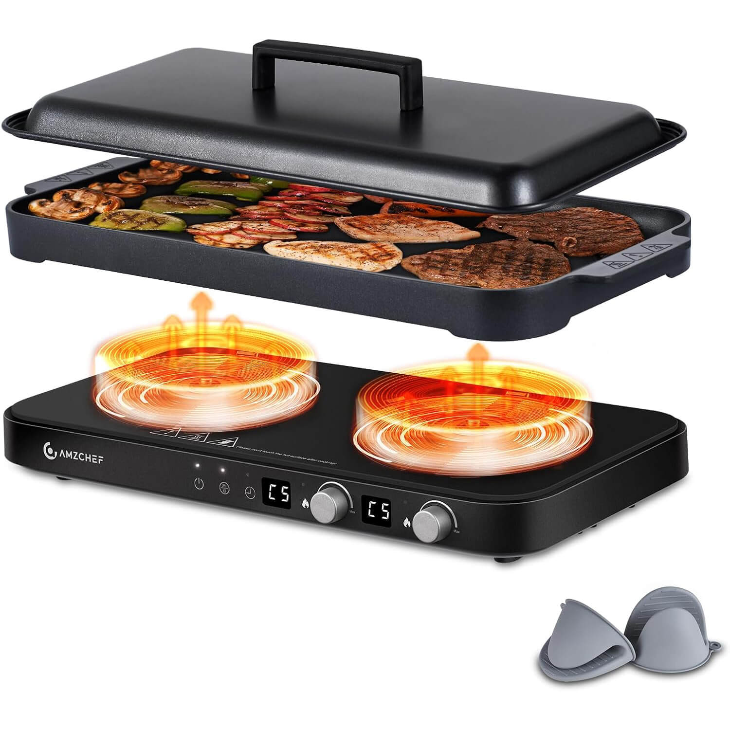 AMZCHEF Double Induction Cooktop with Removable Iron Cast Griddle Pan Black