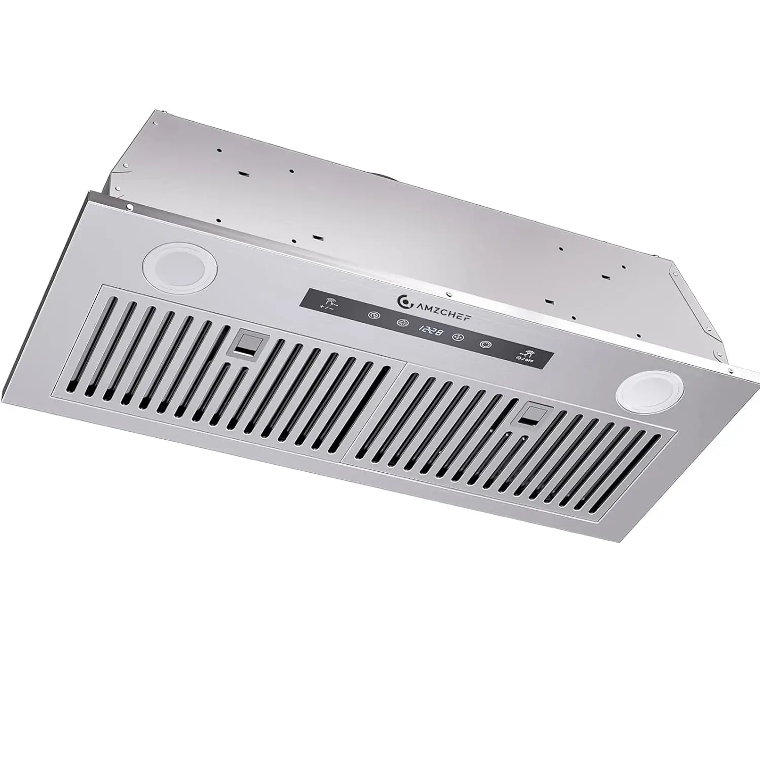 Stainless steel range hood with AMZCHEF branding on a white background