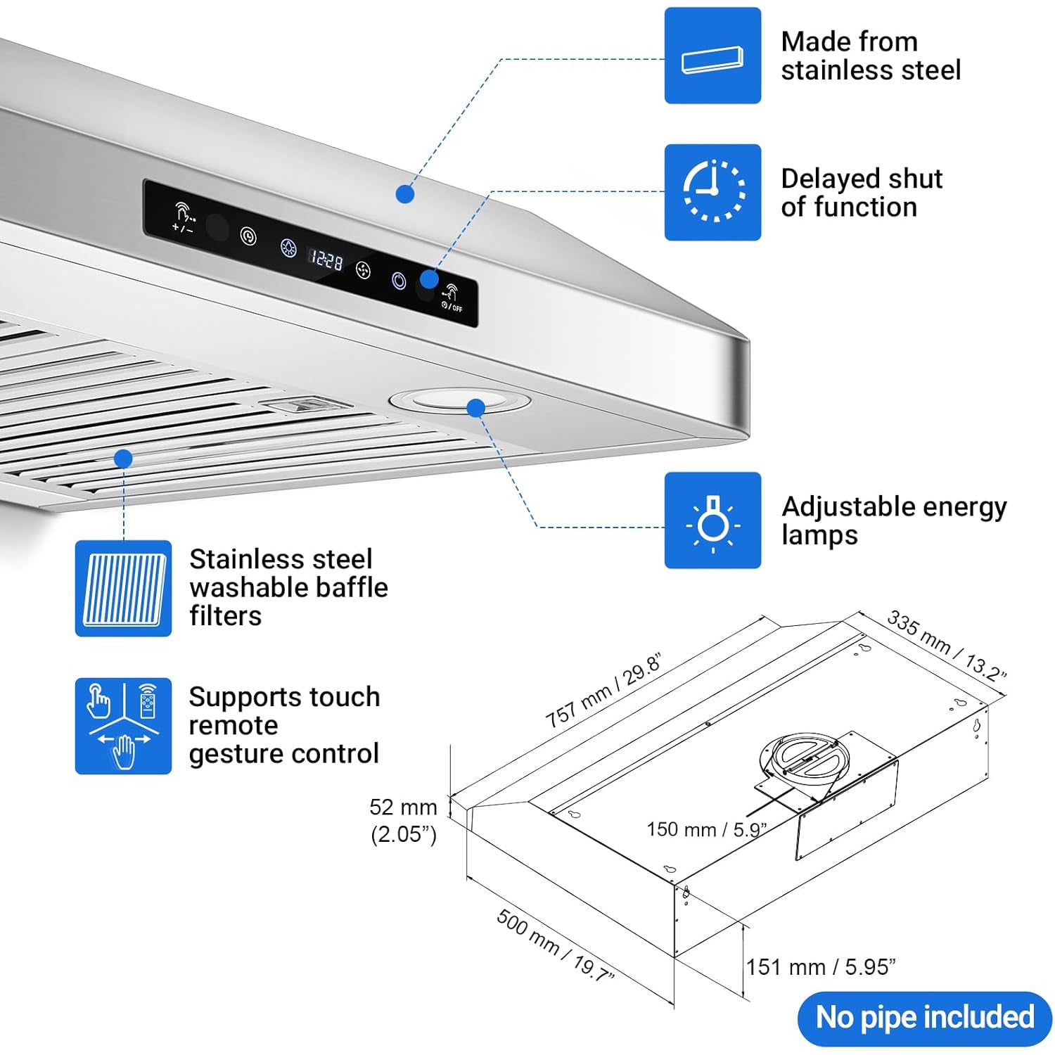 AMZCHEF 30 Inch Under Cabinet Range Hood 750 CFM with Remote Control