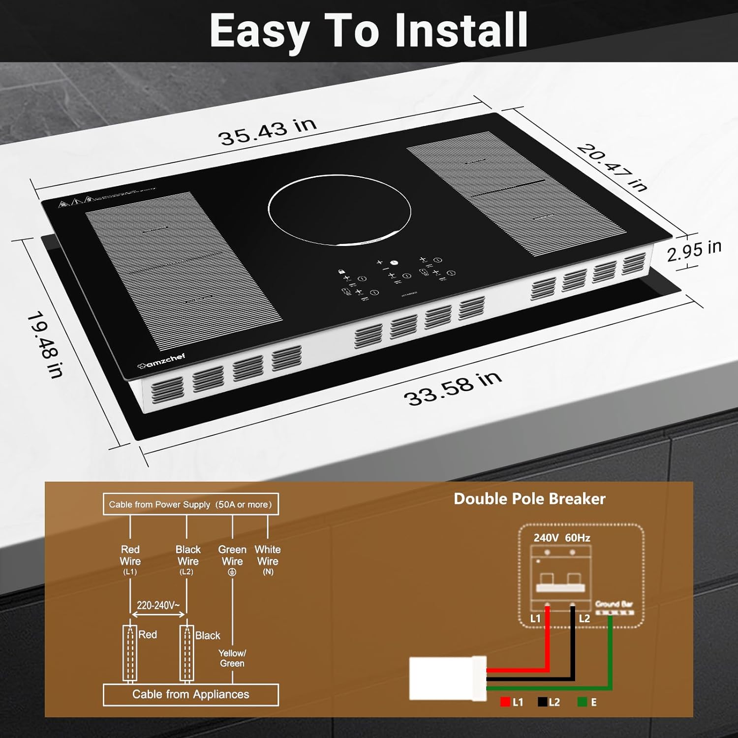 AMZCHEF 36 Inch Built-in Induction Cooktop 5 Boost Burner Including Dual Flexi Zone