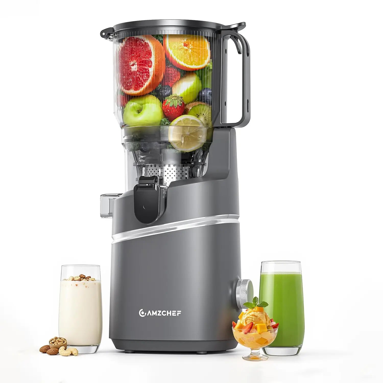 AMZCHEF Cold Press Juicer with 6.5" Large Feed Chute for Whole Fruits - Gray Color