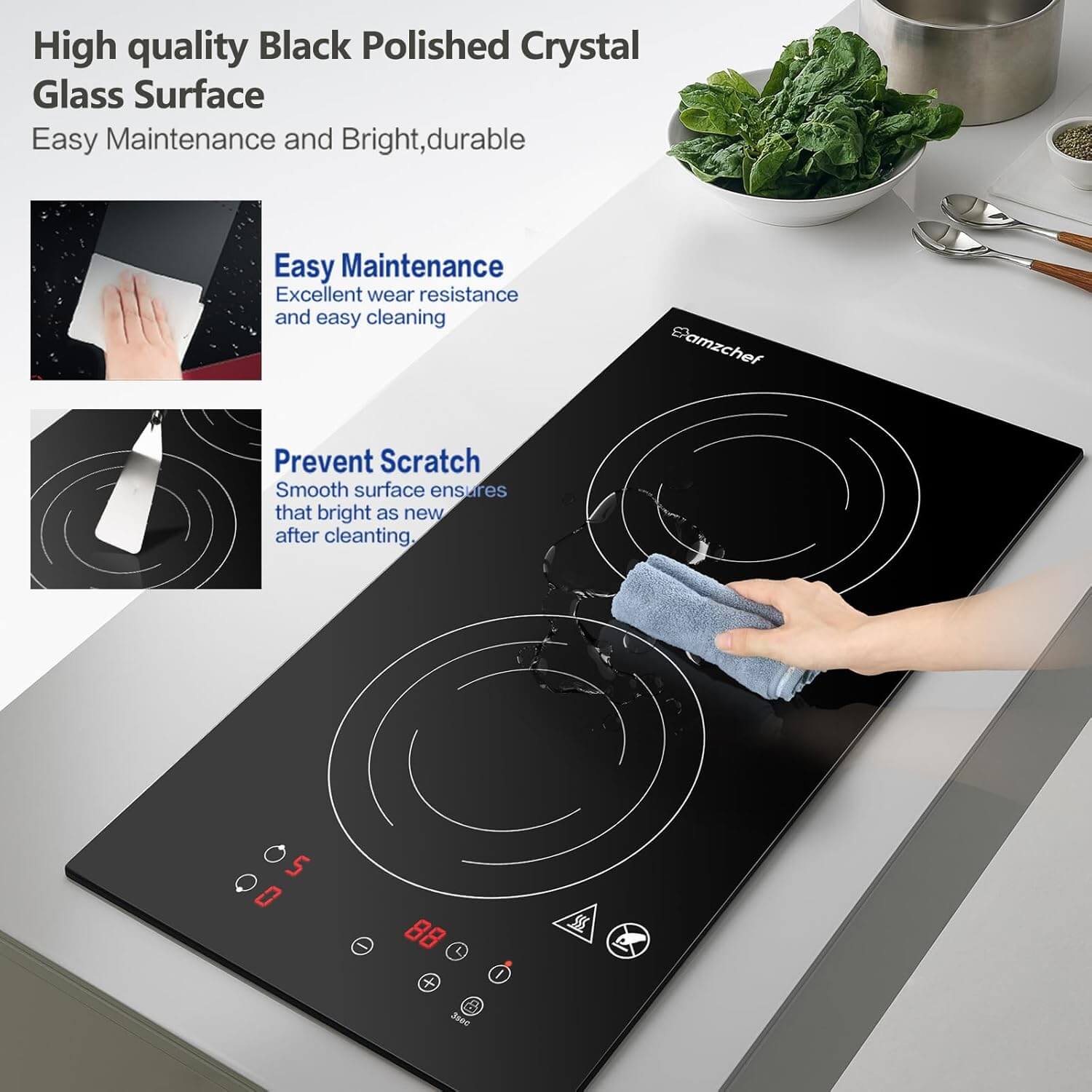 AMZCHEF 12 Inch Electric Stove Hob 2 Burners 1800W