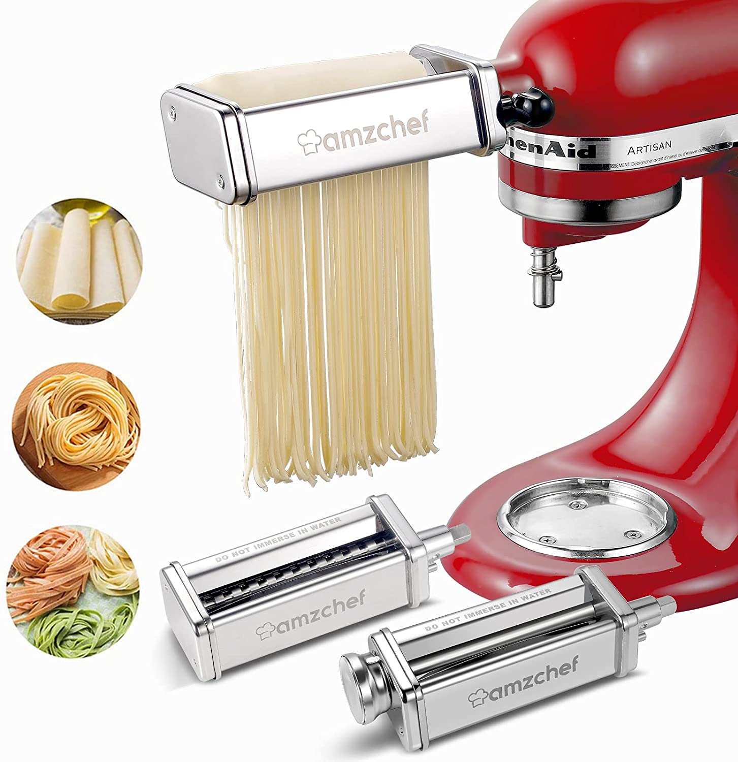 AMZCHEF Pasta Maker Attachments Set for KitchenAid Stand Mixers, 3 Pcs Stainless Steel Pasta Maker Attachment for Kitchenaid, Includes Pasta Rolle