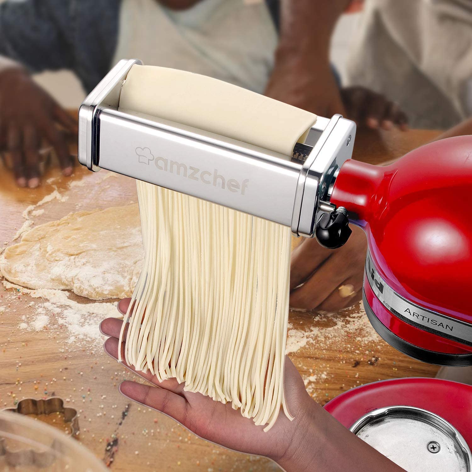 AMZCHEF Pasta Maker Attachments Set for KitchenAid Stand Mixers, 3 Pcs Stainless Steel Pasta Maker Attachment for Kitchenaid, Includes Pasta Rolle