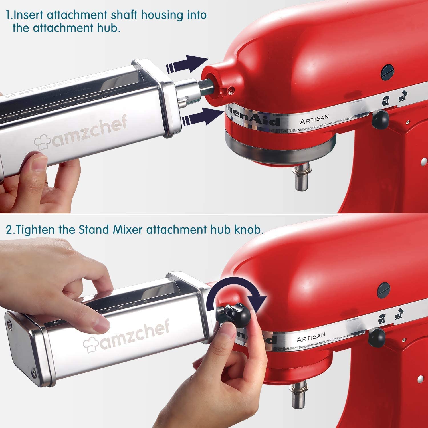 AMZCHEF Pasta Maker Attachments Set for KitchenAid Stand Mixers, 3 Pcs Stainless Steel Pasta Maker Attachment for Kitchenaid, Includes Pasta Rolle