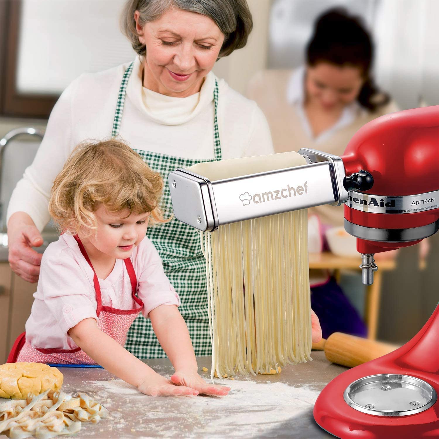 AMZCHEF Pasta Maker Attachments Set for KitchenAid Stand Mixers, 3 Pcs Stainless Steel Pasta Maker Attachment for Kitchenaid, Includes Pasta Rolle