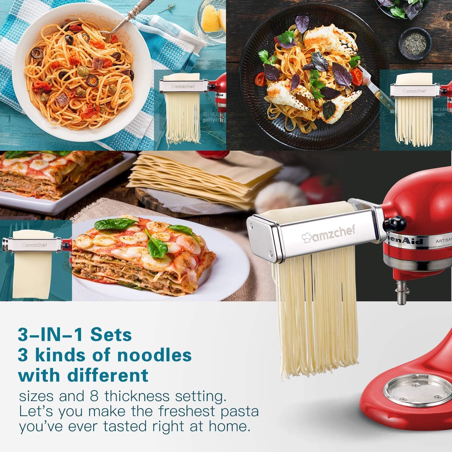 AMZCHEF Pasta Maker Attachments Set for KitchenAid Stand Mixers, 3 Pcs Stainless Steel Pasta Maker Attachment for Kitchenaid, Includes Pasta Rolle
