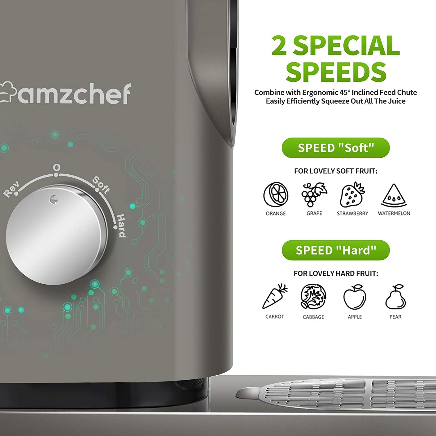 AMZCHEF Slow Juicer Machines Slow Masticating Juicer Cold Press Juicer Vegetables&Fruits Extractor 3'' Large Feed Chute Non-porous Filter Easy Clean& Quite 2 Speeds Jug Brush BPA-Free (Sliver Grey)