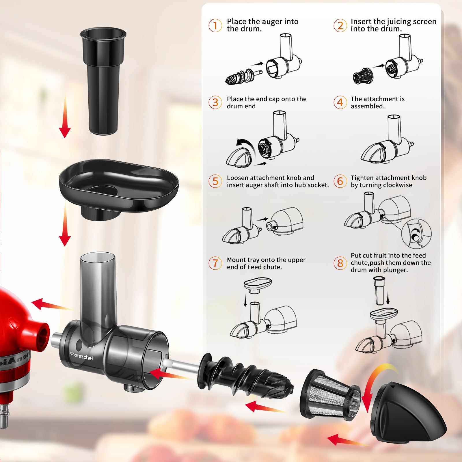AMZCHEF Slow Masticating Juicer Attachment for KitchenAid Stand Mixers, AMZCHEF Cold Press Juicer Attachment for KitchenAid Mixers, Slow Juicer Attachment with Cleaning Brush, Easy to Clean