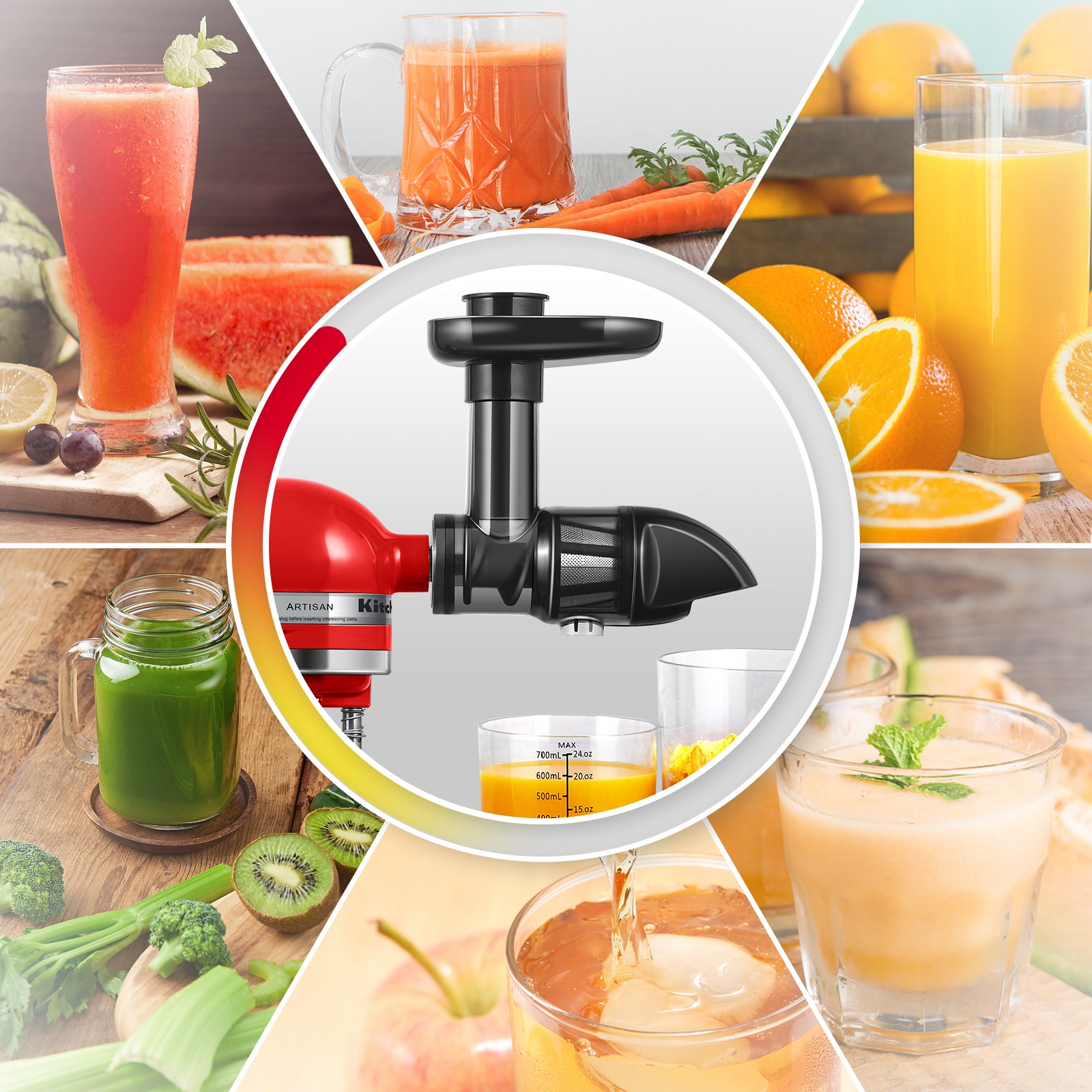 AMZCHEF Slow Masticating Juicer Attachment for KitchenAid Stand Mixers, AMZCHEF Cold Press Juicer Attachment for KitchenAid Mixers, Slow Juicer Attachment with Cleaning Brush, Easy to Clean